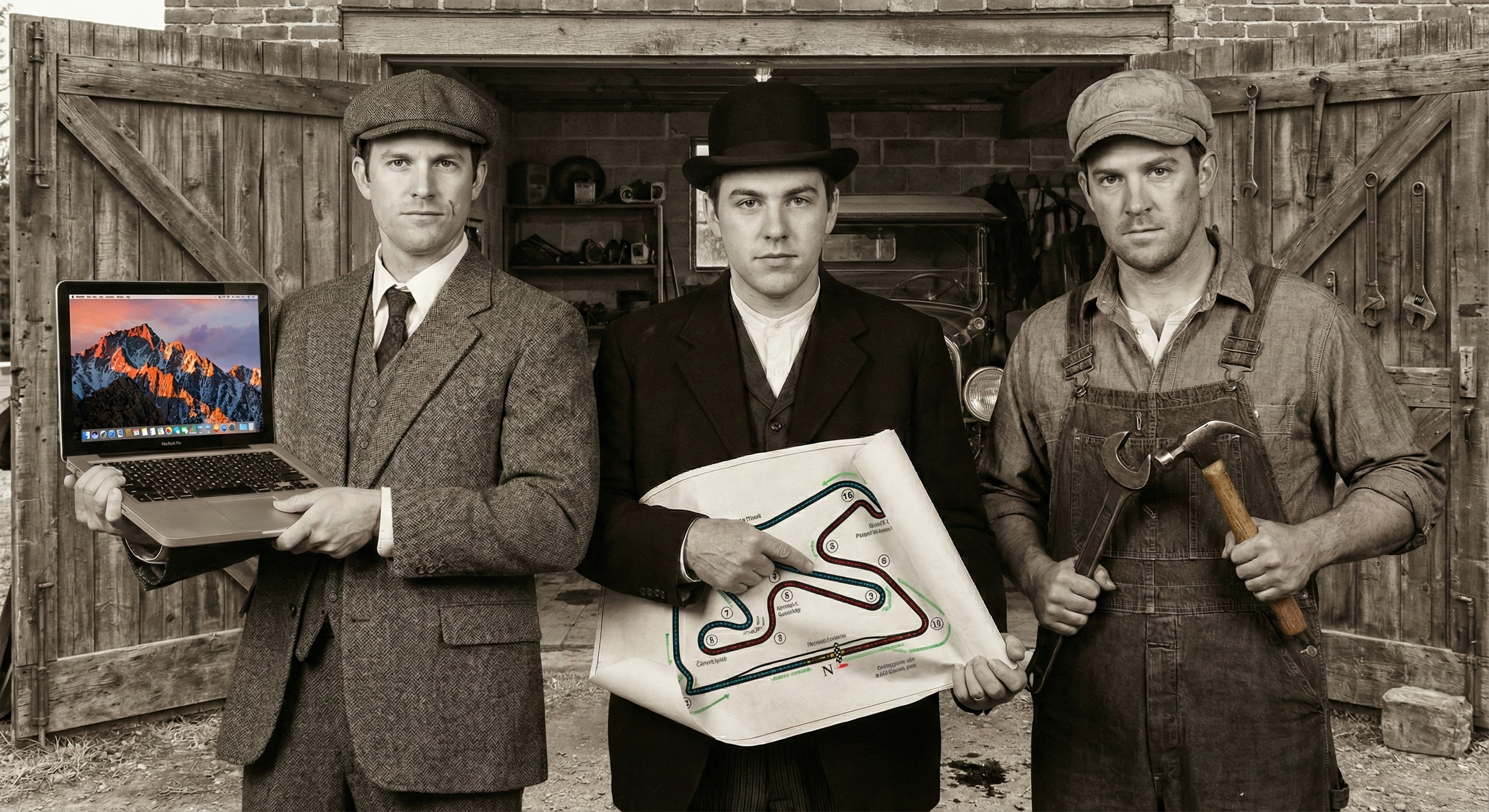 Three men standing inside a wooden garage. The man on the left is holding a laptop, the man in the middle is dressed in a suit and bowler hat and is pointing at a track map, and the man on the right is wearing overalls and holding a hammer and wrench. The garage is filled with tools and a vintage car.