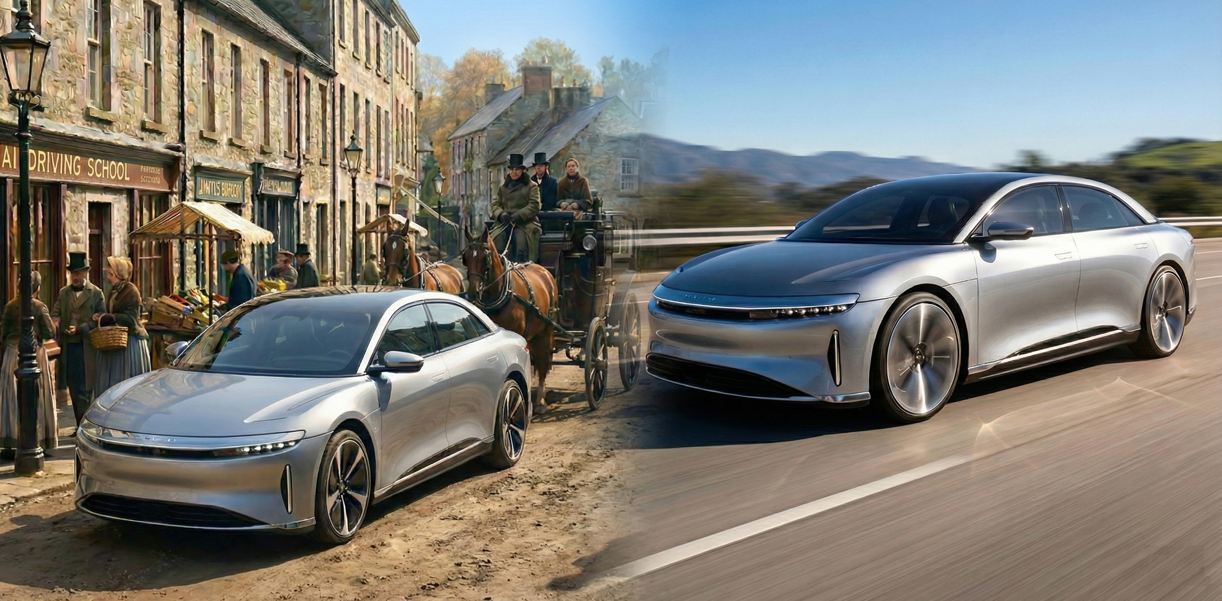 A futuristic EV car shown on the 1900s streets, not leveraging its full potential. With limitls Ai as the AI Agoption partner, it can pave the road, tune the car, and train the drivers to drive that care.