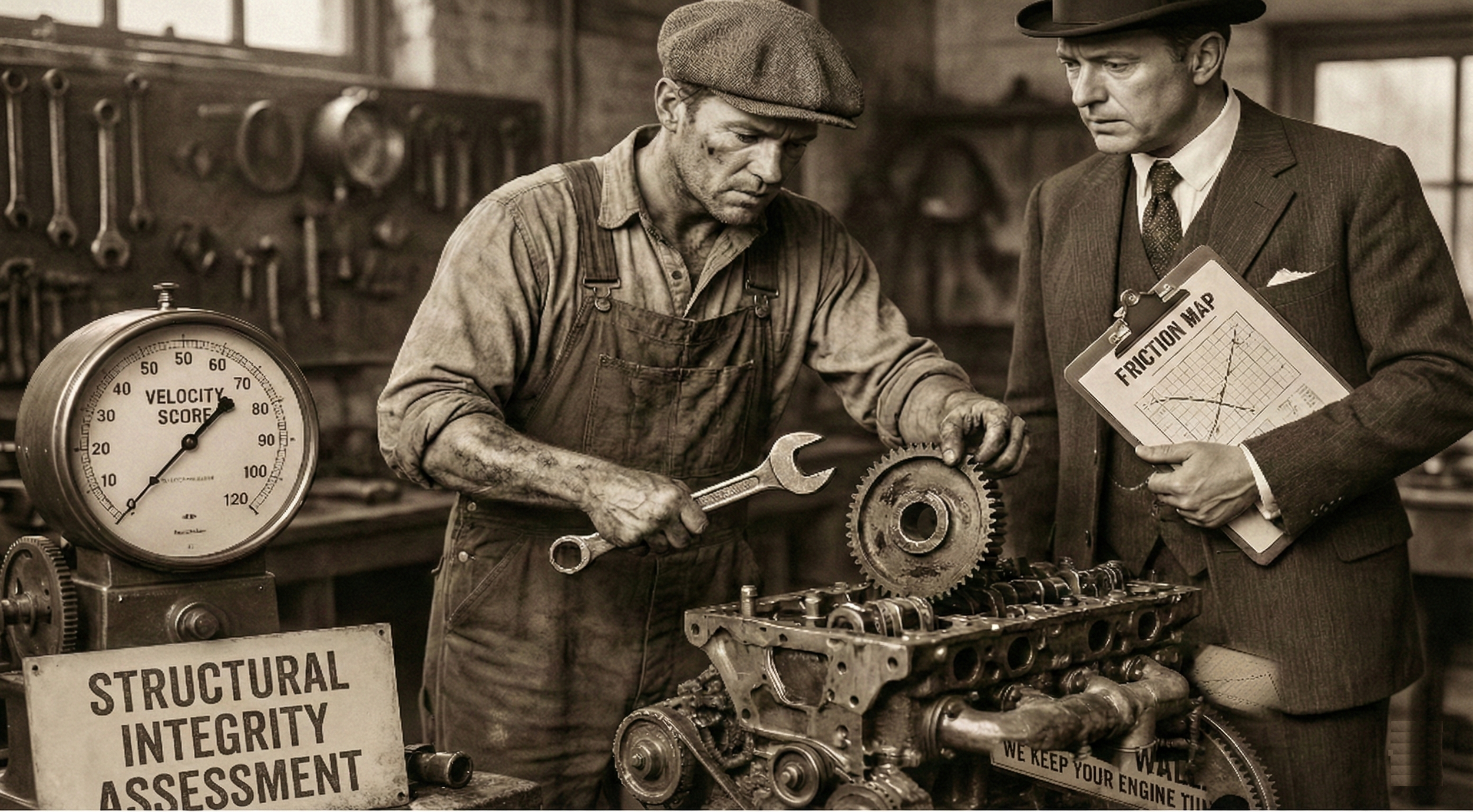 Two men in a workshop inspecting an engine with various tools and gauges around them, including a sign that reads 'Structural Integrity Assessment' and a clipboard labeled 'Friction Map'.
