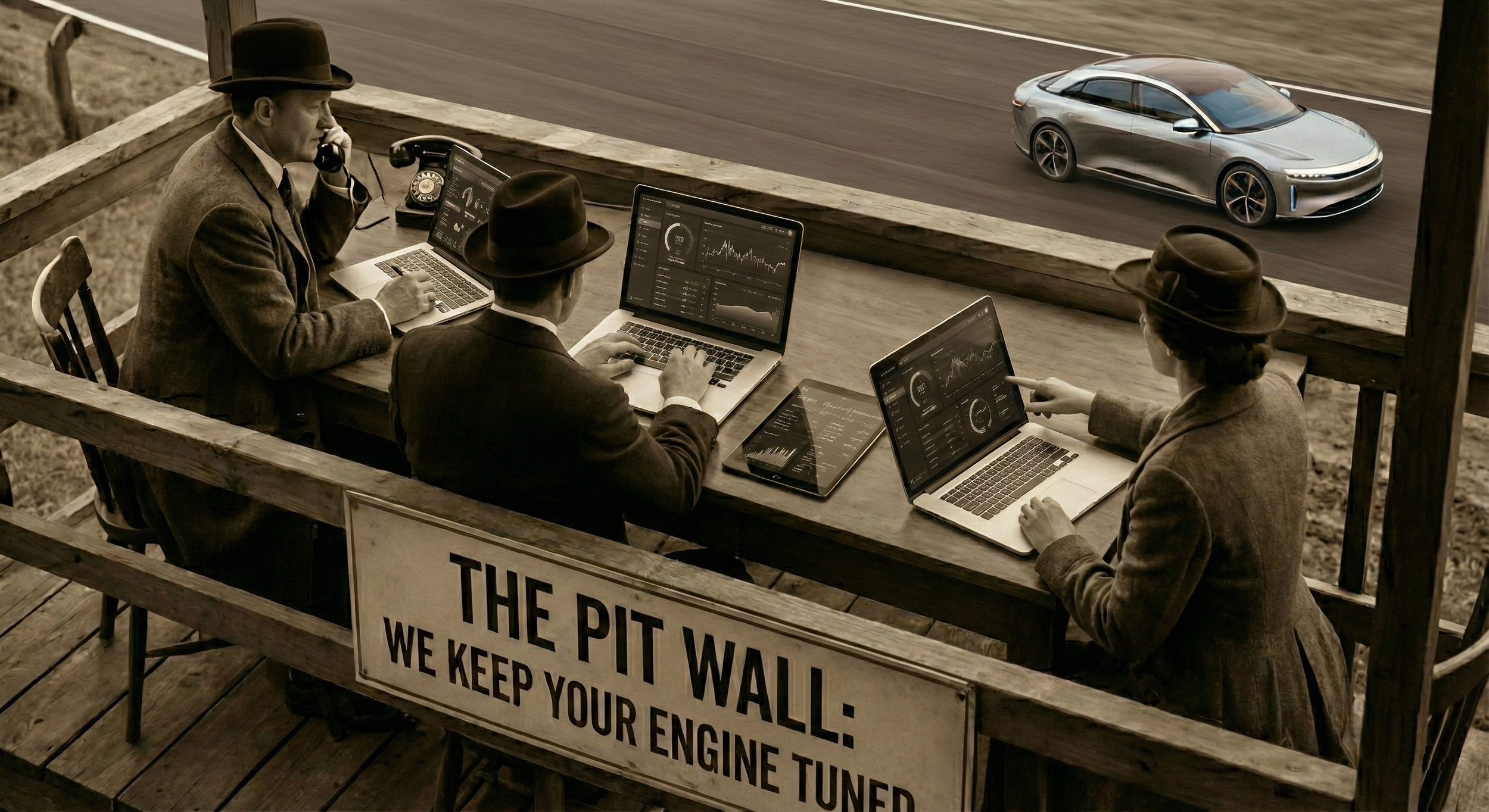 Three people in vintage clothing and hats are working on laptops in a Pit Wall, overlooking a highway, with a modern car passing by, ensuring the engine is tuned, the driver sharp, and the road ready.