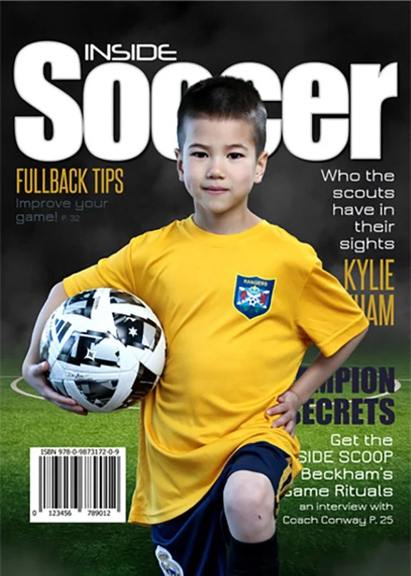 Cover of Inside Soccer magazine featuring a young boy in a yellow soccer jersey holding a black-and-white soccer ball on a field. The magazine includes headlines about soccer tips, scout observations, and game secrets.