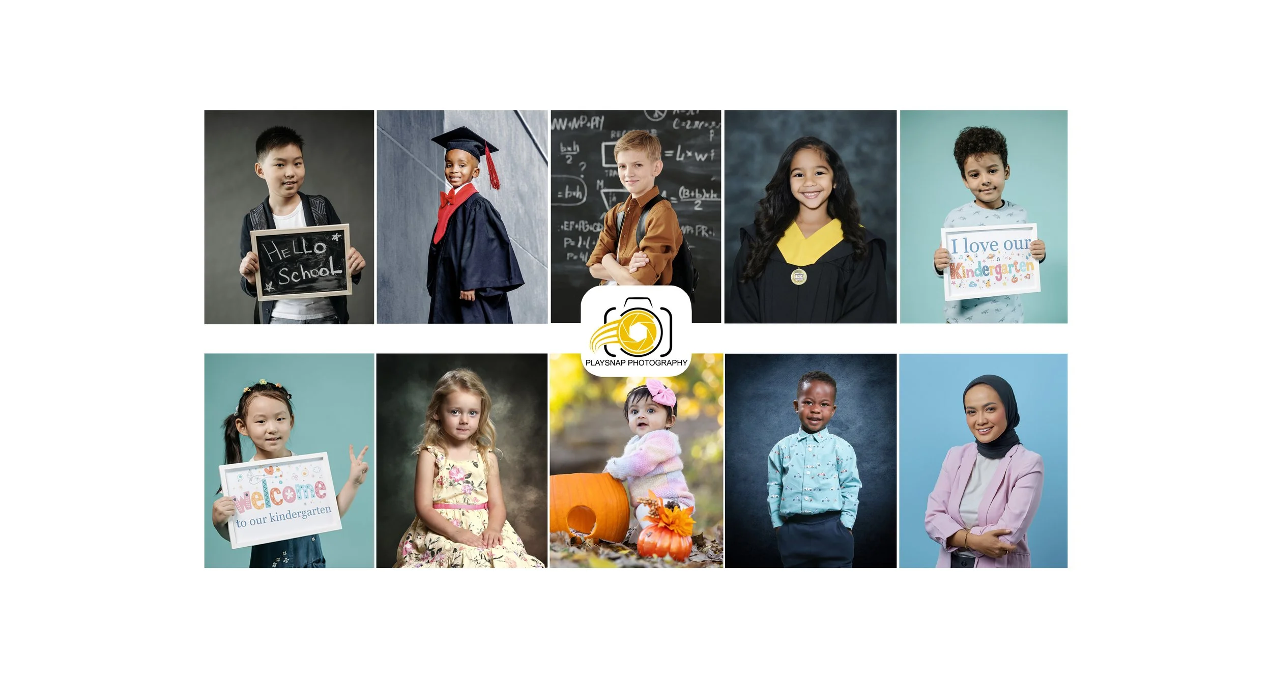 A collage of diverse children in various backgrounds, some holding signs related to school and welcoming to kindergarten, with a photography logo in the center.