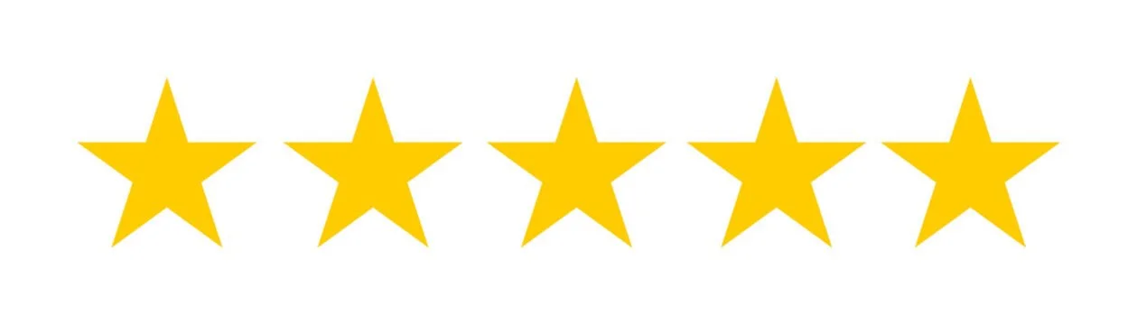 Five yellow five-pointed stars in a row on a white background.