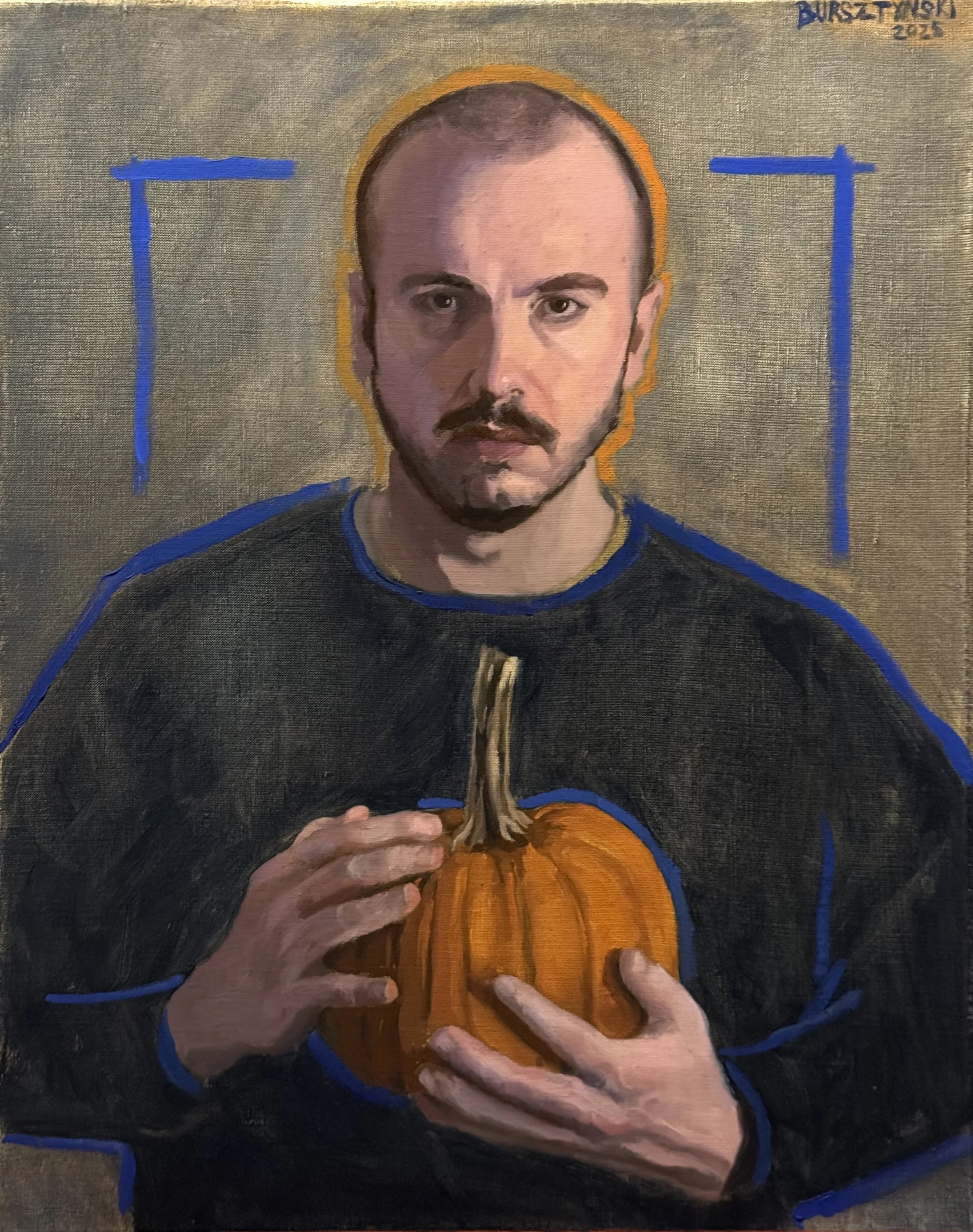 Self-Portrait with Pumpkin, 16x20in, oil on linen, 2025