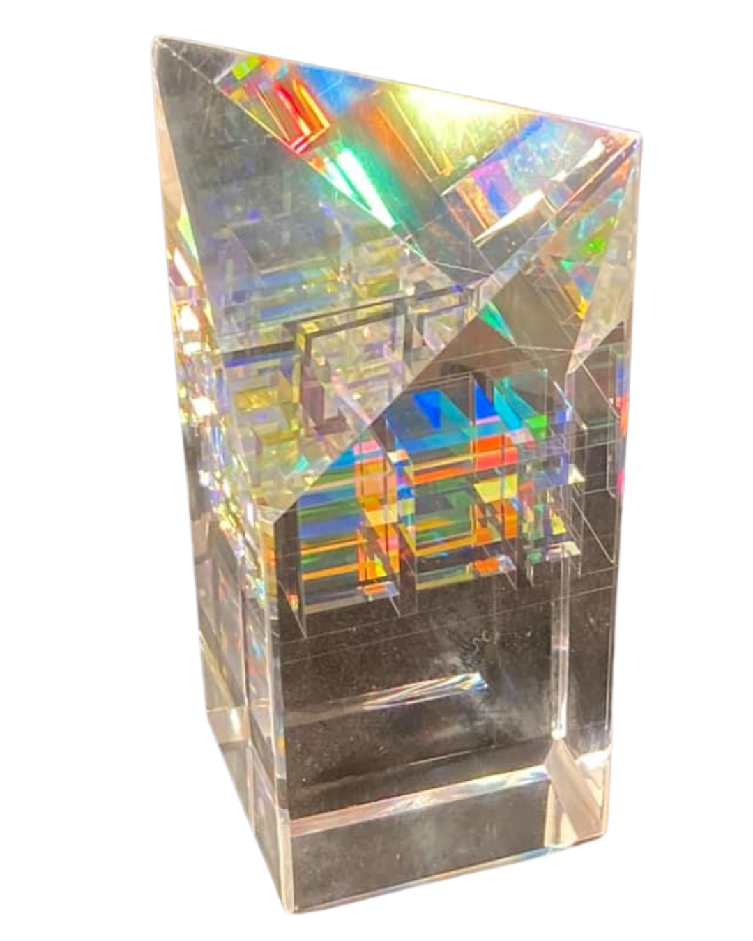 Angled dichroic art glass obelisk by US artist