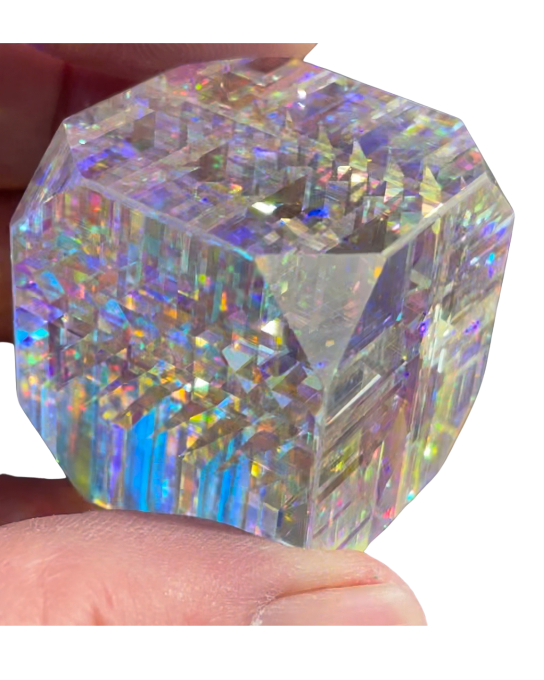 Layered glass art cube with truncated corners