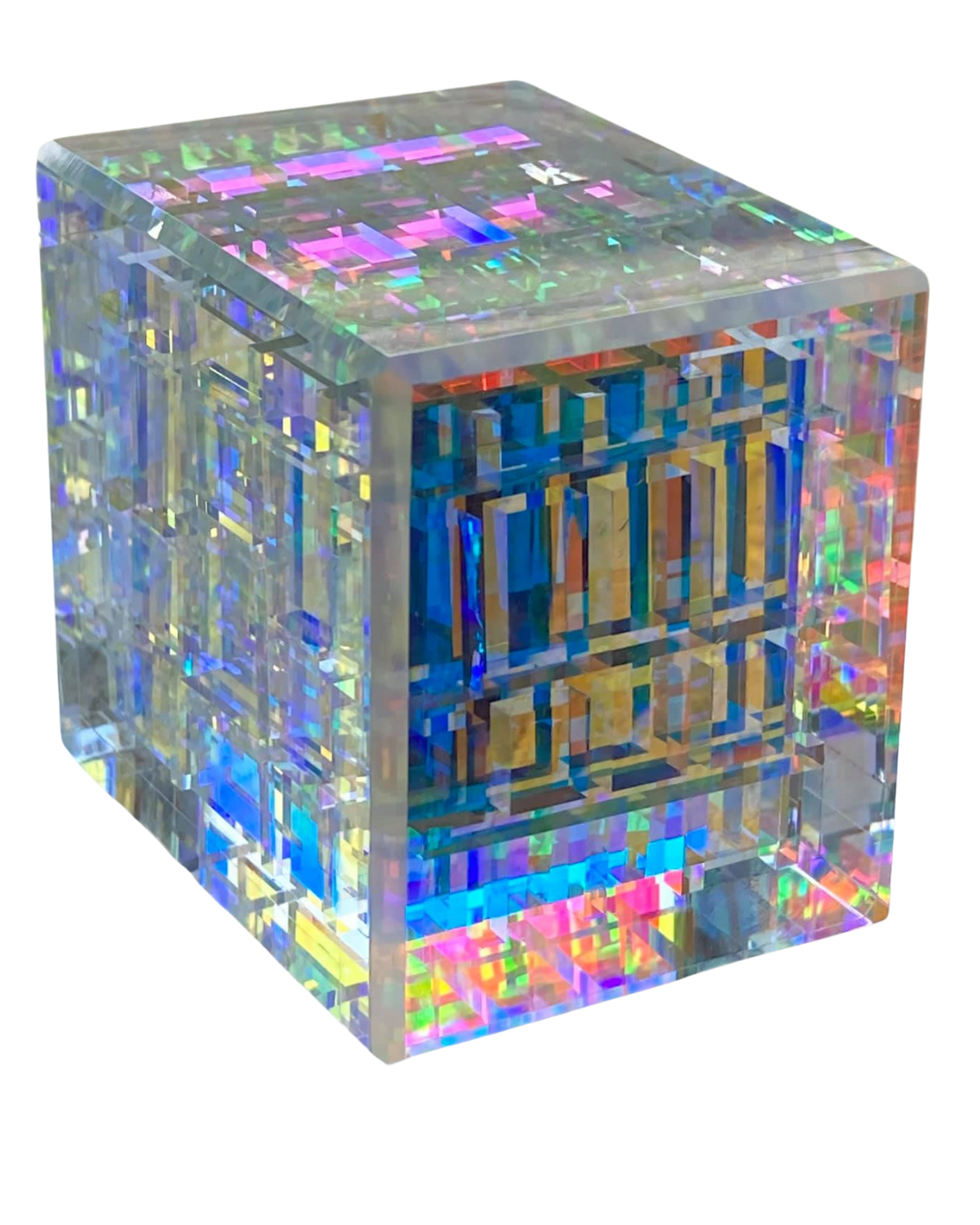 modern art glass cube with refractive internal dimensions