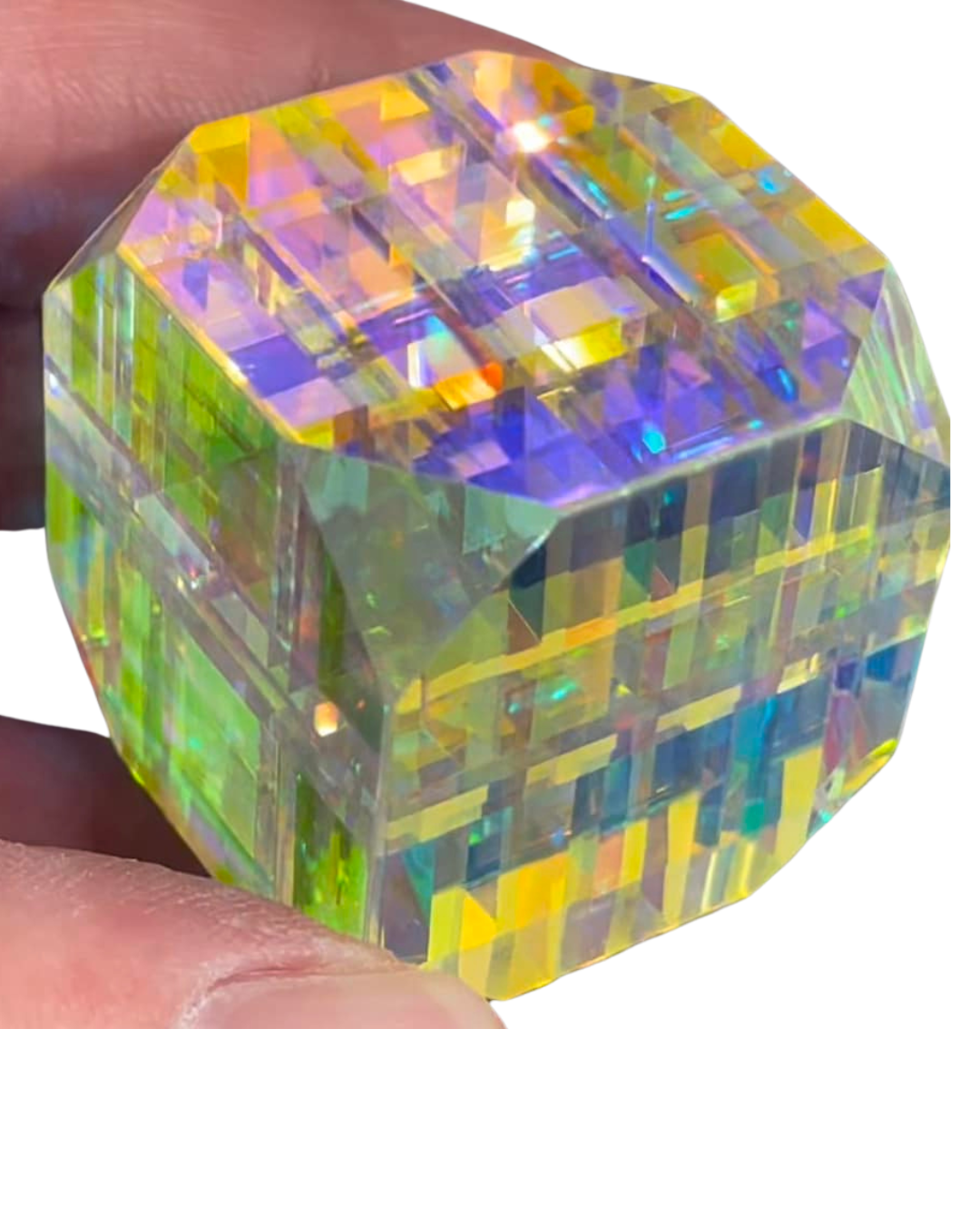 layered glass art cube with triangular truncated corners