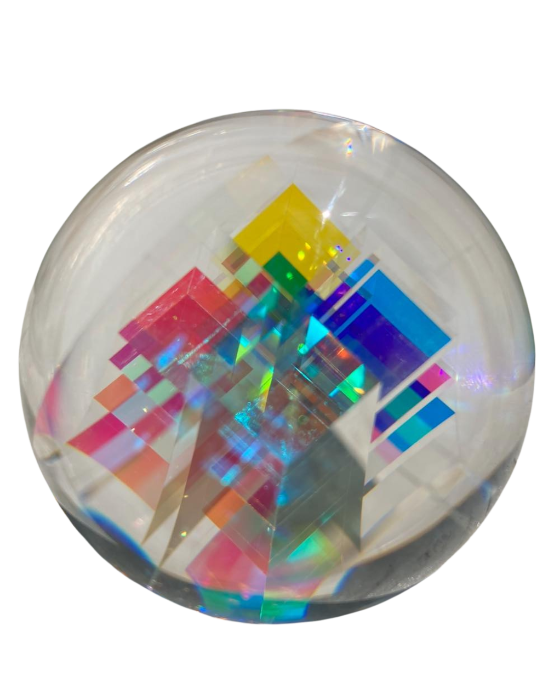 complex polyhedron dichroic glass encased in clear glass sphere