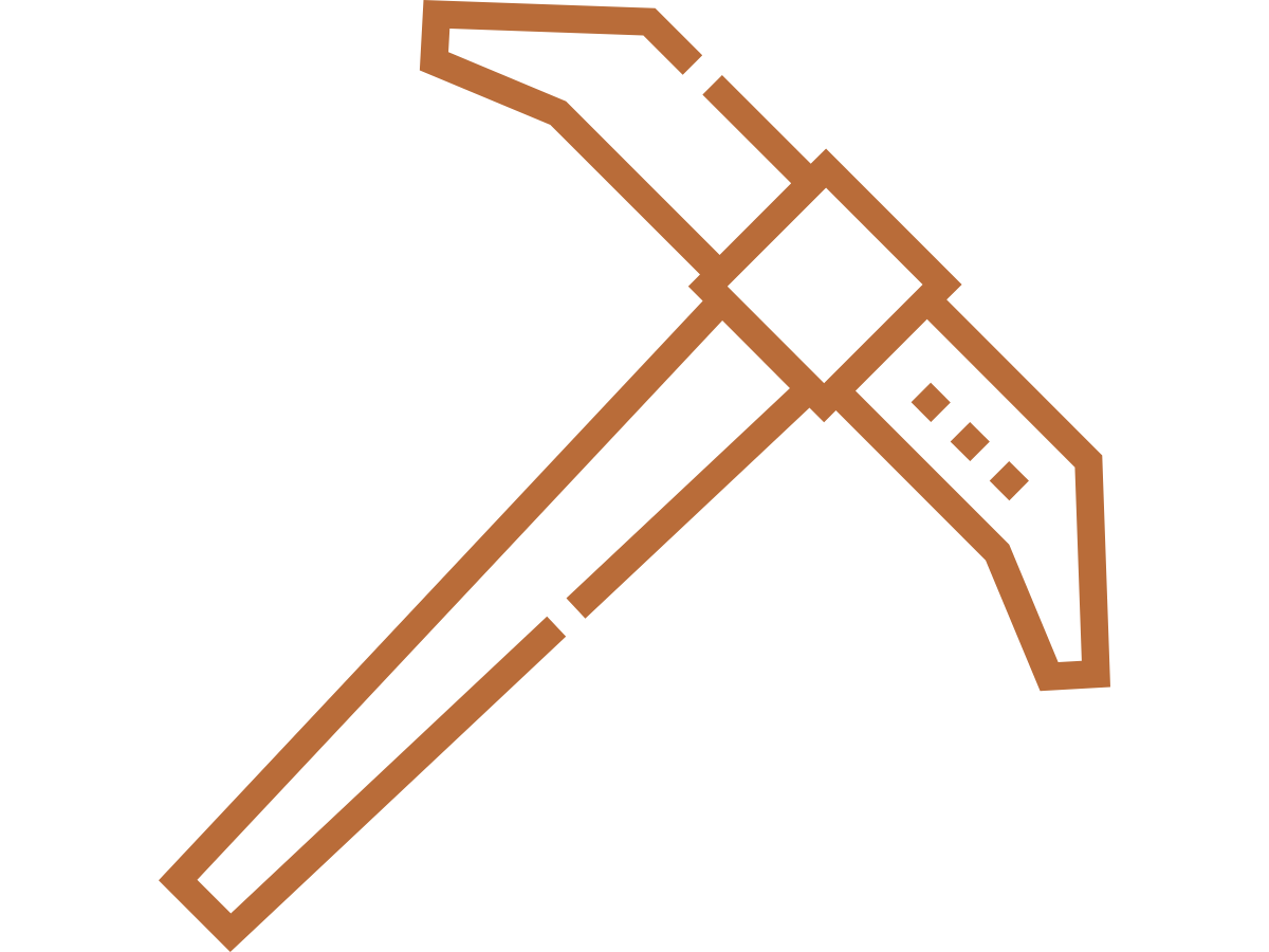 Outline icon of a pickaxe in earthy tones.