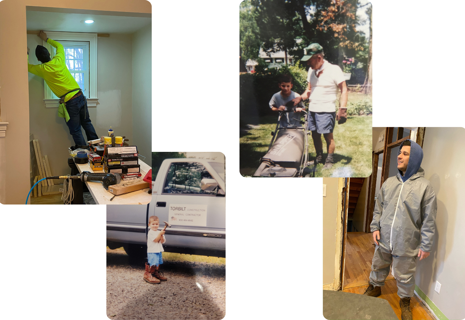 Collage of a man working on a window frame, a child with a hammer next to a construction truck, an older man helping a boy with a lawnmower, and a person in protective clothing indoors.