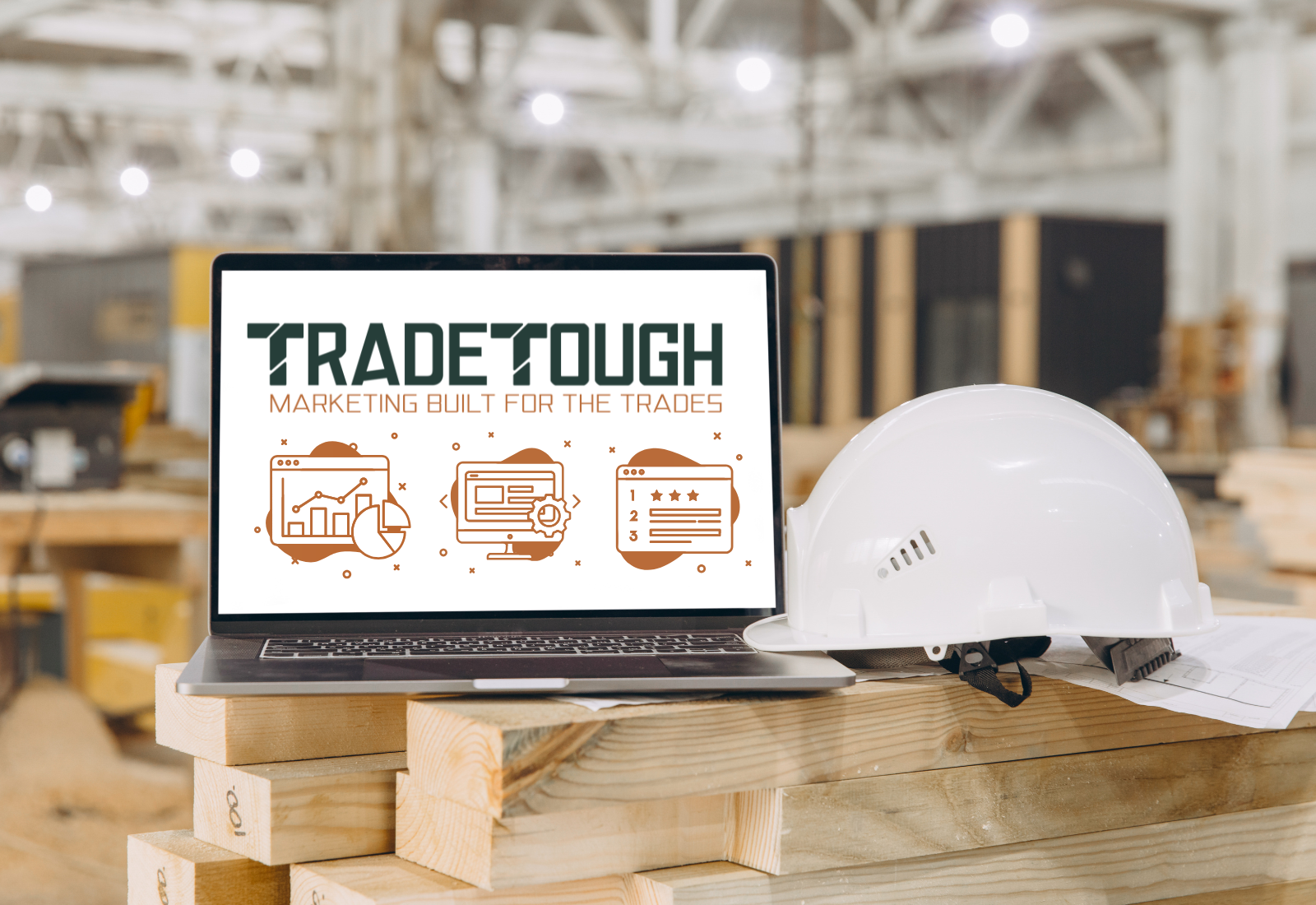 Laptop displaying "TradeTough Marketing Built for the Trades" on a construction site, with a white hard hat beside it.