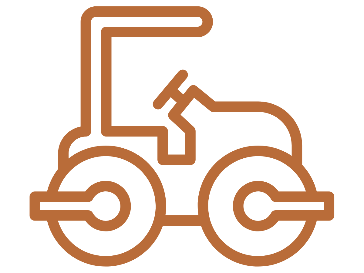 Icon of a rolling machine with large wheel and a driver’s seat, outline style.