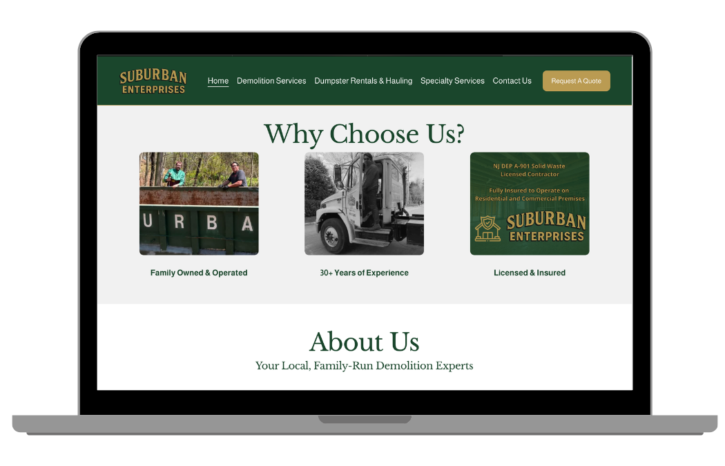 Homepage of Suburban Enterprises website showing services like demolition, dumpster rentals, and specialty services, with sections about why to choose them and about the company.