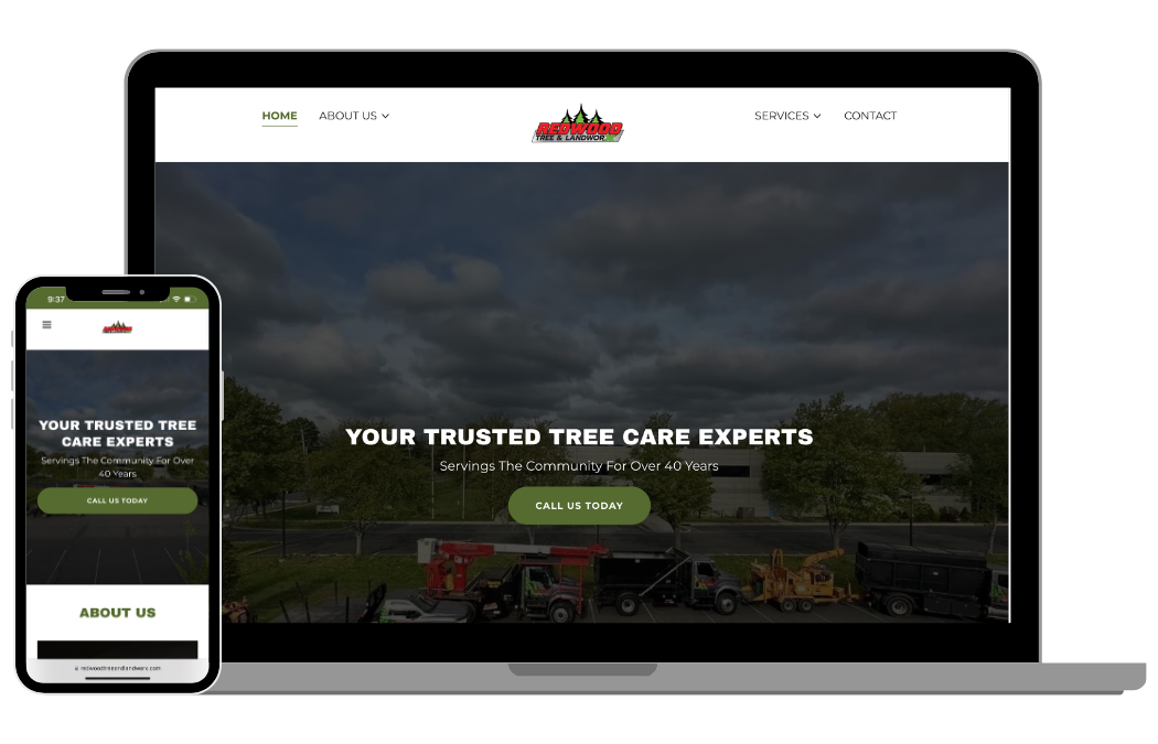 Screenshot of a tree care company's website on a laptop and a smartphone, featuring a dark cloudy sky, trees, and tree maintenance equipment, with text about trusted tree care experts serving the community for over 40 years.