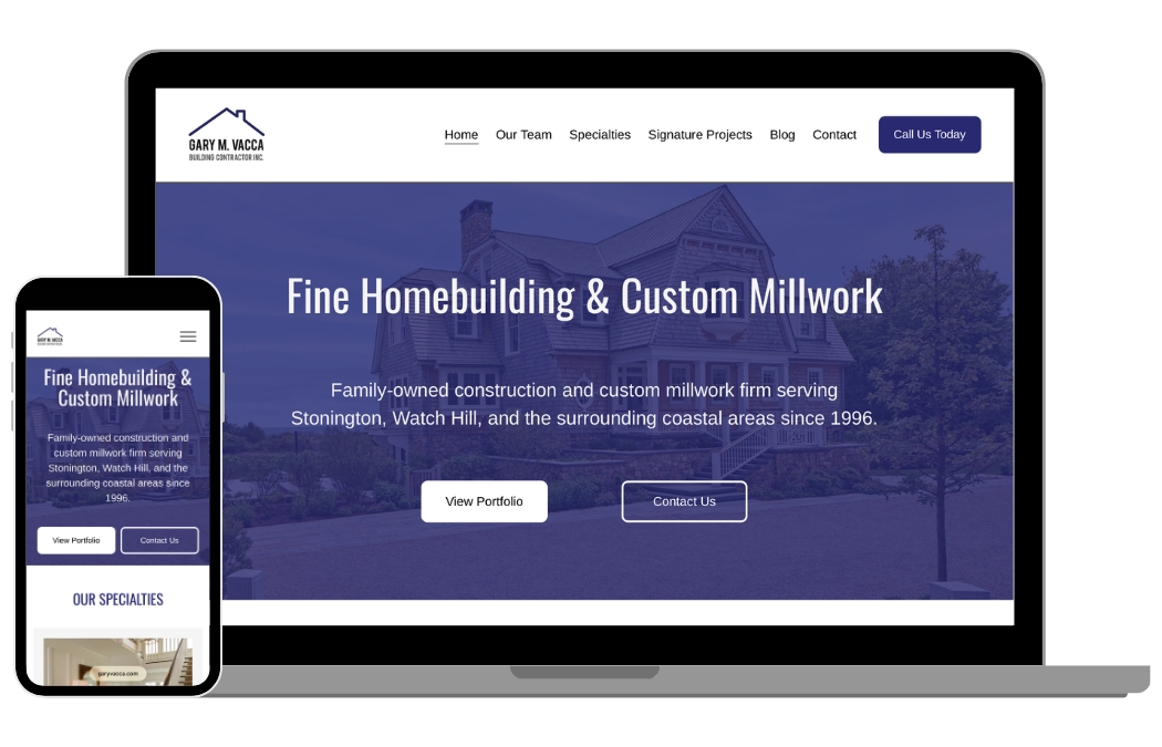 Website and mobile view of Gary M. Vacca Building Contractor Inc. homepage, featuring a large house image, navigation menu, and buttons for viewing portfolio and contacting.