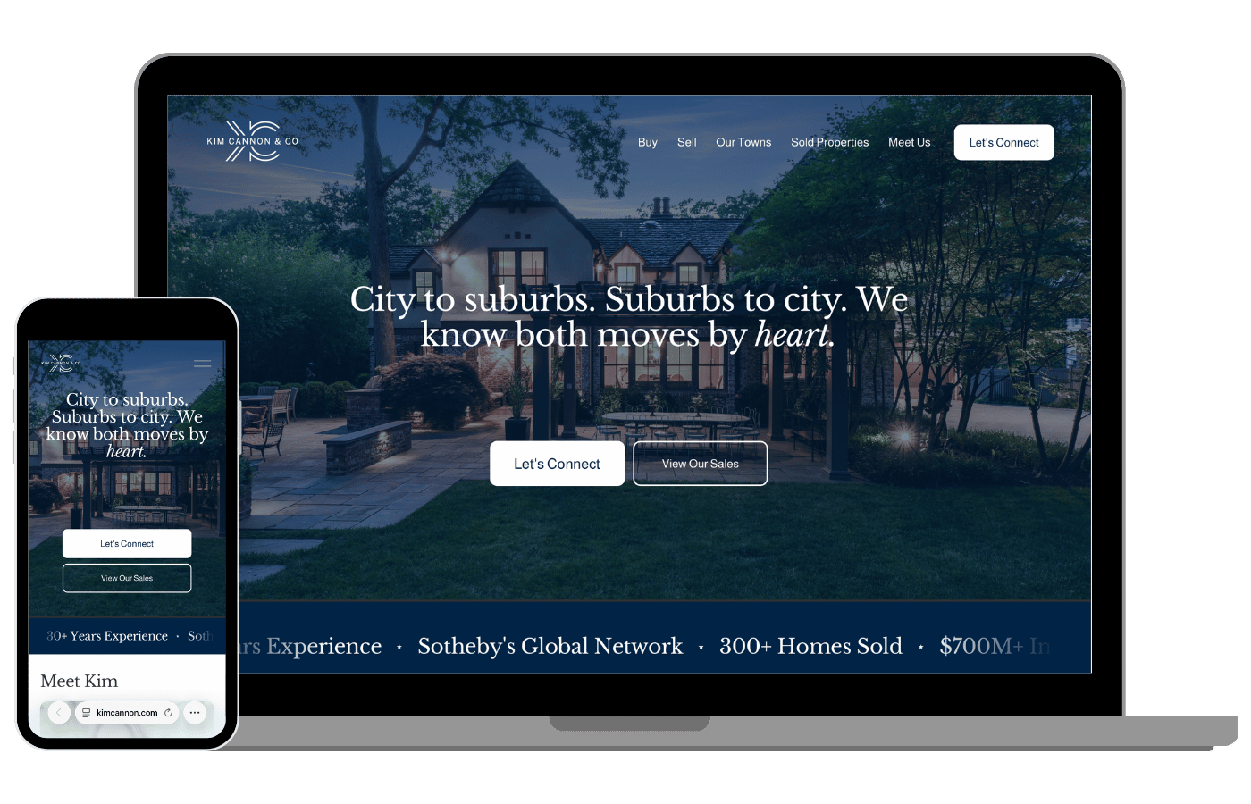 Responsive website homepage for a real estate business on a laptop and smartphone screens, featuring a house exterior at dusk, with text about city and suburb real estate services, and buttons to connect or view sales.