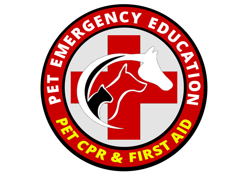 Logo for Pet Emergency Education with a red cross in the background, encircled by a red and yellow ring containing the words "Pet Emergency Education" and "Pet CPR & First Aid". Illustration of a cat, dog, and bird in the center.