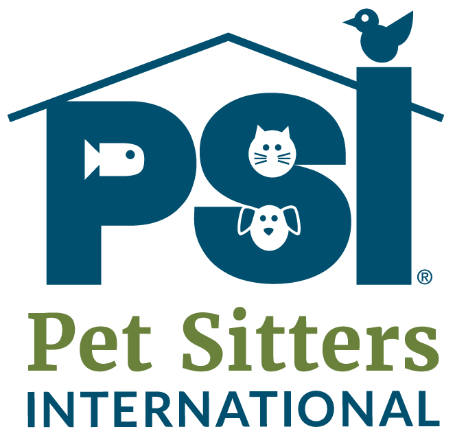 Logo for Pet Sitters International with the words Pet Sitters International underneath a house-like shape with a bird, a cat face, and a dog face incorporated into the design.