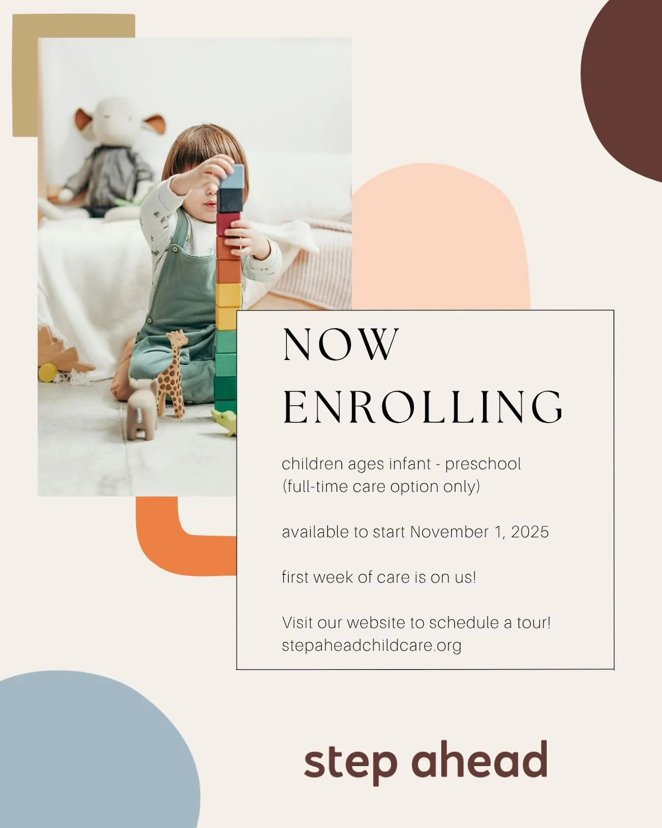 We are so excited to have the opportunity to grow our Step Ahead family come November 1, 2025 in our new space!
•
Any family that enrolls between October 13th - November 1st, your first week is on us! 🤍
•
Current families, refer a family a
