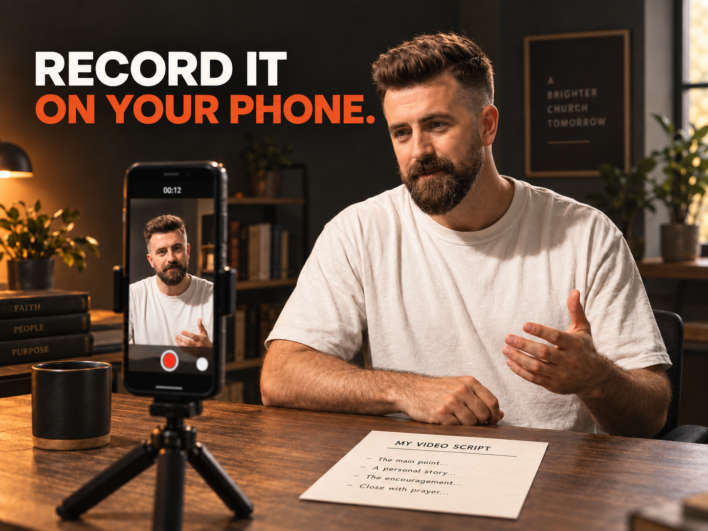 Pastor Josh Reaves recording a short social media video on his smartphone using a script based on his sermon notes.