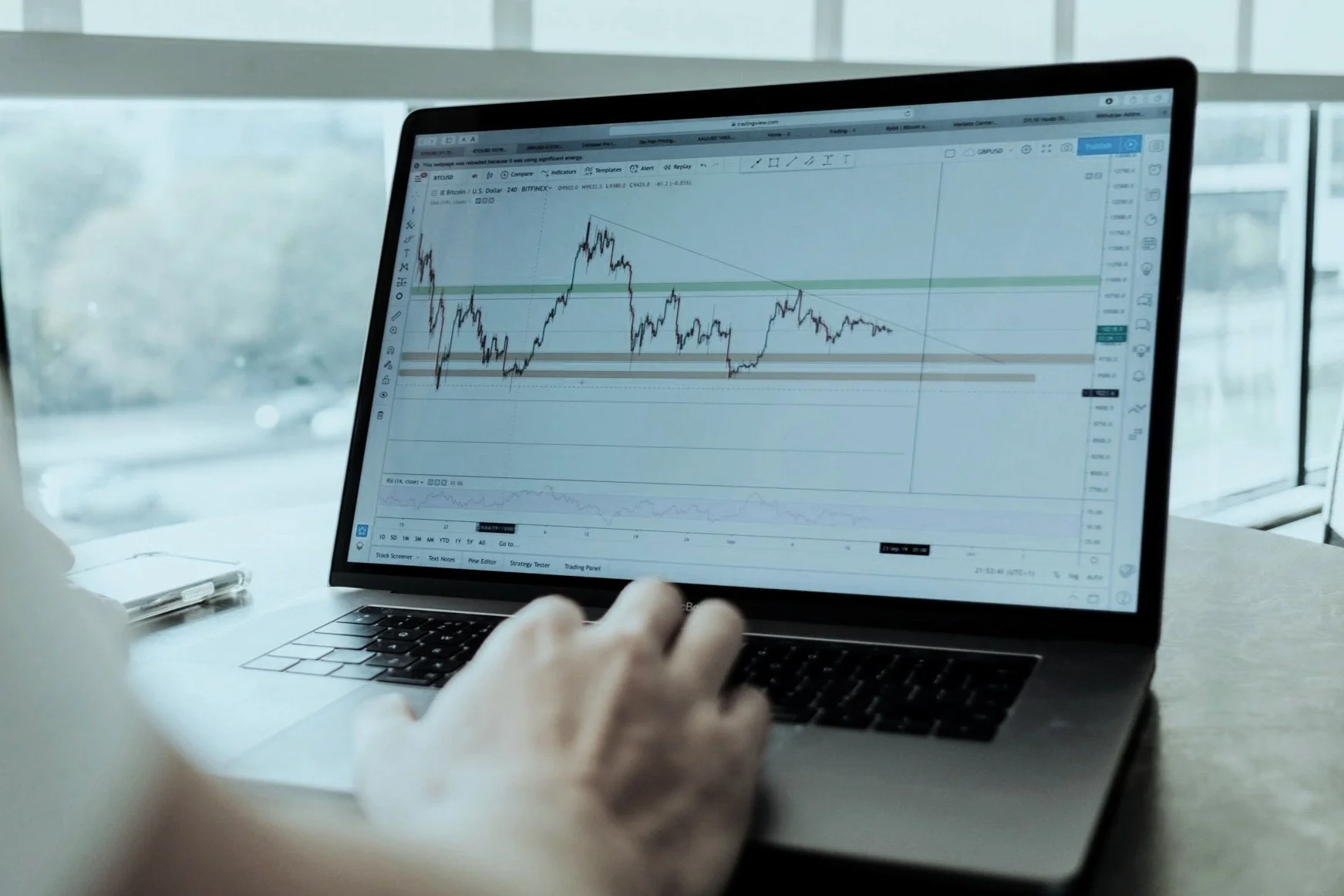 A person using a laptop with a financial trading chart displayed on the screen, showing price movements and technical analysis.