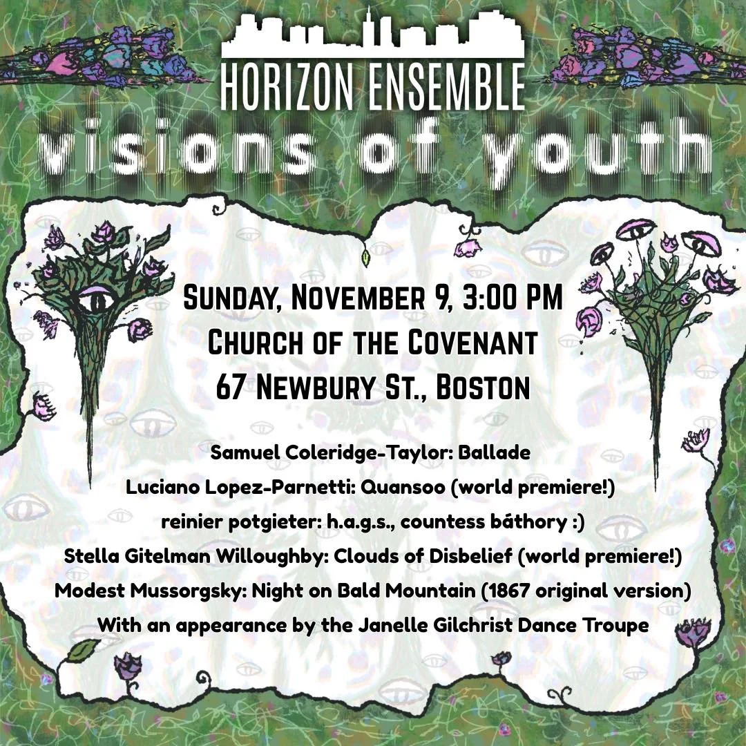 Join us Sunday, November 9th for Visions of Youth! This exciting program features 3 of our composer friends and 2 world premieres, as well as music by Samuel Coleridge Taylor and Modest Mussorgsky. 

#newenglandmusic #newmusic #boston #bostonmusician