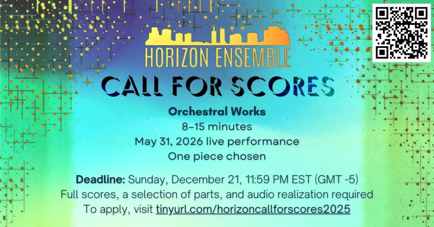 Our Call for Scores is due this weekend! Get your submission in before we close the form in about 34 and a half hours. We're looking for one orchestral piece of 8-15 minutes to be part of our May concert, Bridges. Looking forward to seeing your music