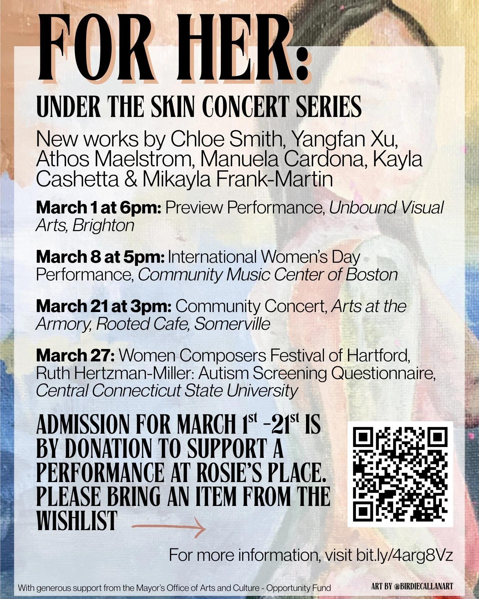 Our friend Hannah Elizabeth has an amazing project, For Her: Under the Skin Concert Series! The preview performance is today at Unbound Visual Arts in Brighton. In addition to hearing incredible new works, there is also a wonderful donation drive, wh