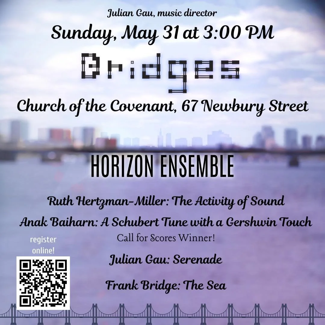 Join us Sunday, May 31 for Bridges! This concert features music by Frank Bridge, music inspired by bridges, bridges we&rsquo;ve built with friends such as Ruth Hertzman Miller, and new bridges we&rsquo;re building with this year&rsquo;s winner of the