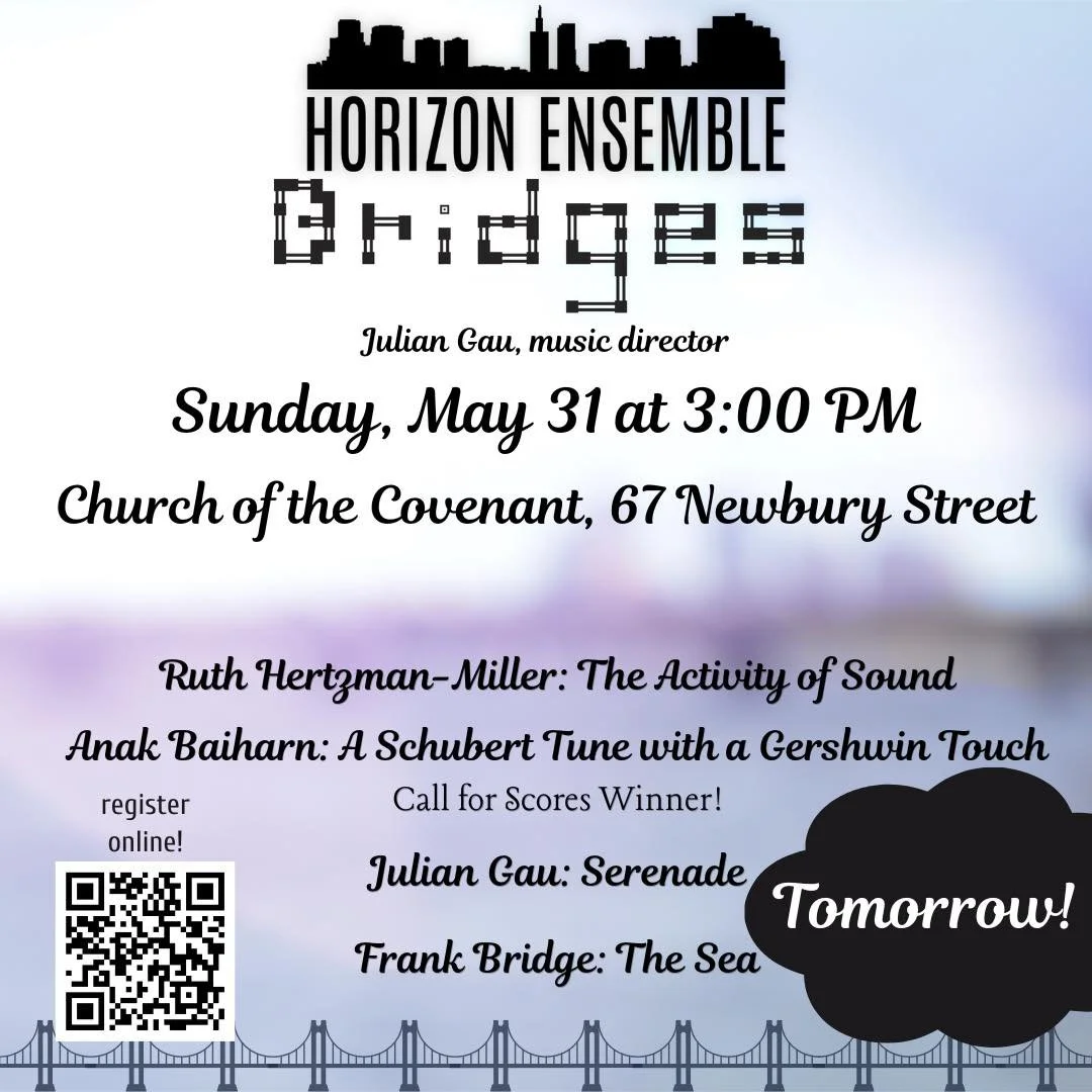 Bridges is tomorrow! Come hear some exciting music 3 PM at Church of  the Covenant. This concert is Pay What You Can with a suggested donation. Find more information about the concert and Horizon Ensemble through the link in our bio! 

#bostonmusicia