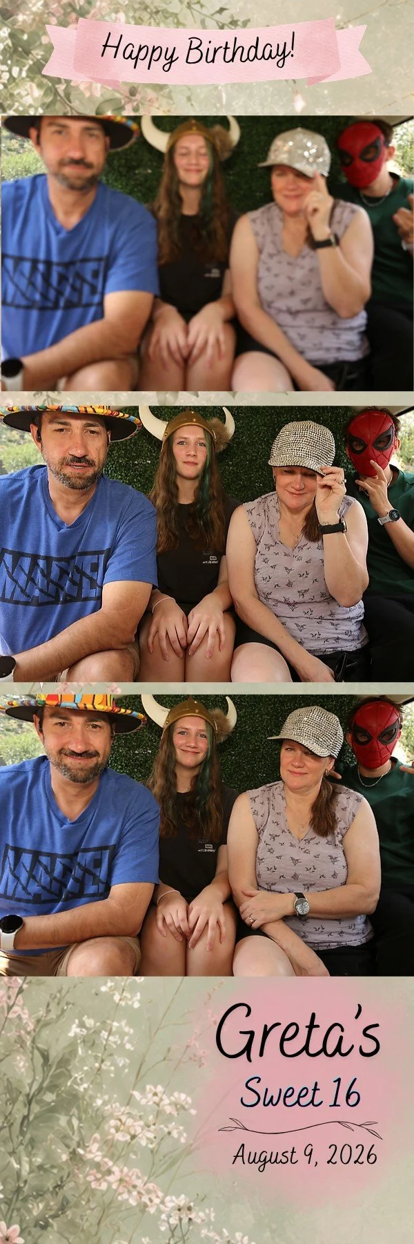 Photo booth collage of four people celebrating Greta's 16th birthday on August 9, 2026, with changing costumes and expressions, featuring birthday banners, background of greenery and flowers.