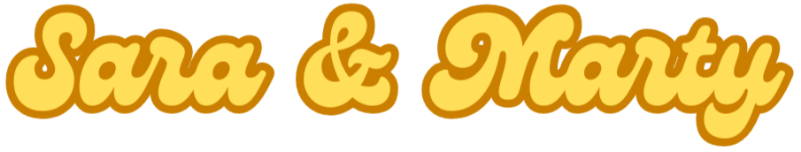 Text that reads 'Sara & Marty' in yellow bubble letters with a dark outline.