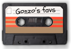 Cassette tape labeled 'Gonzo's favs' with black casing and orange stripes.