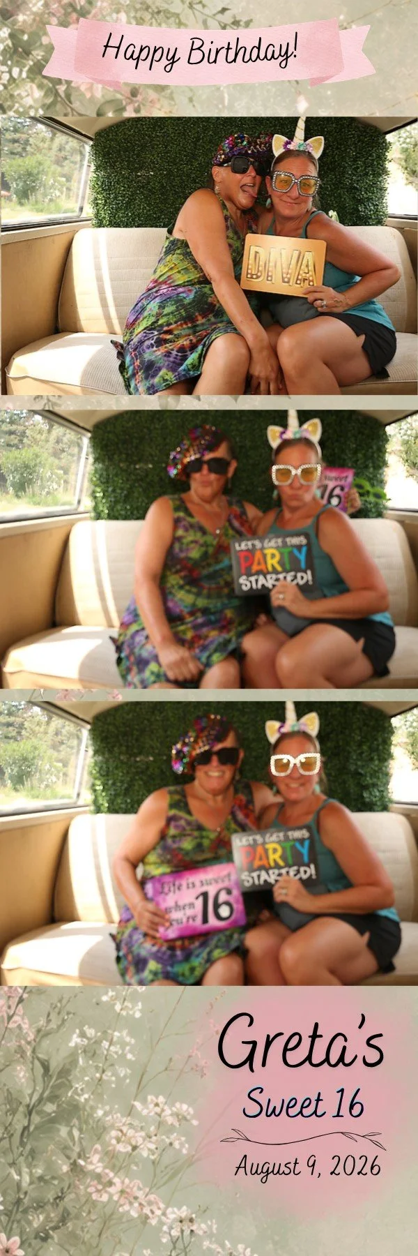 Three women sitting inside a vintage camper van celebrating a birthday. They are dressed festively with colorful accessories and holding signs that say "Let's get this party started!" and "Life is sweet when you're 16." One woman is wearing a unicorn