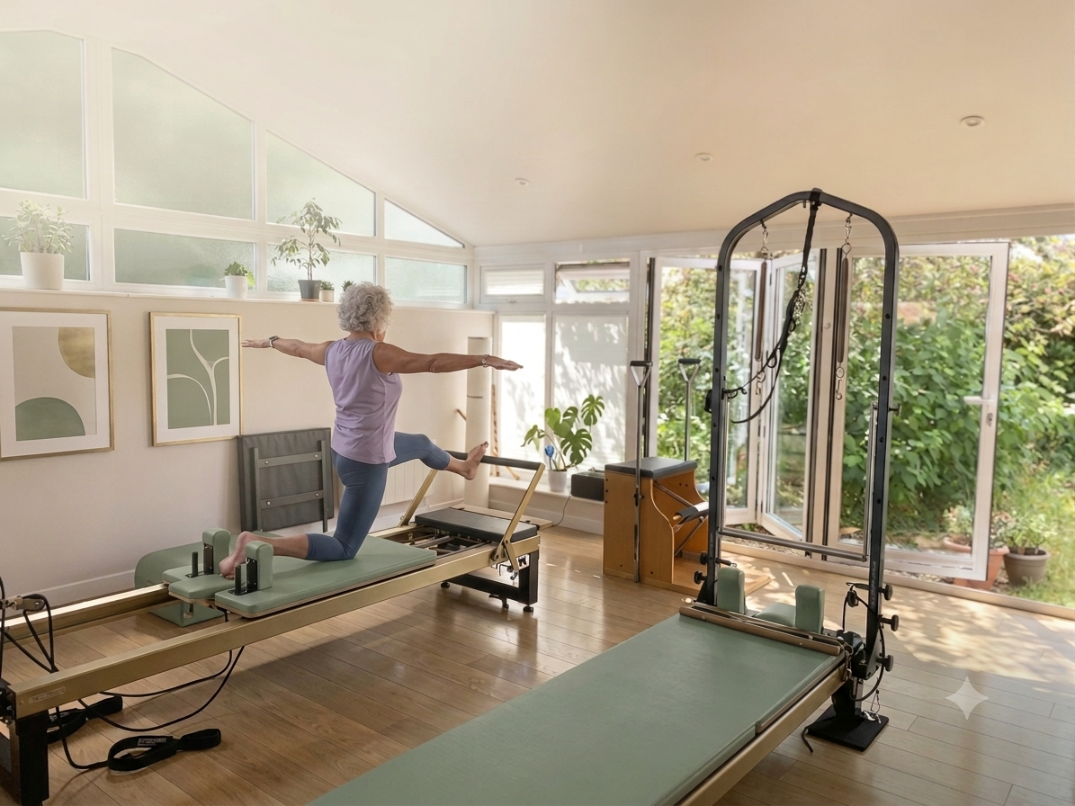 Restorative pilates UK client on a reformer in a sunny pilates studio Derby 
