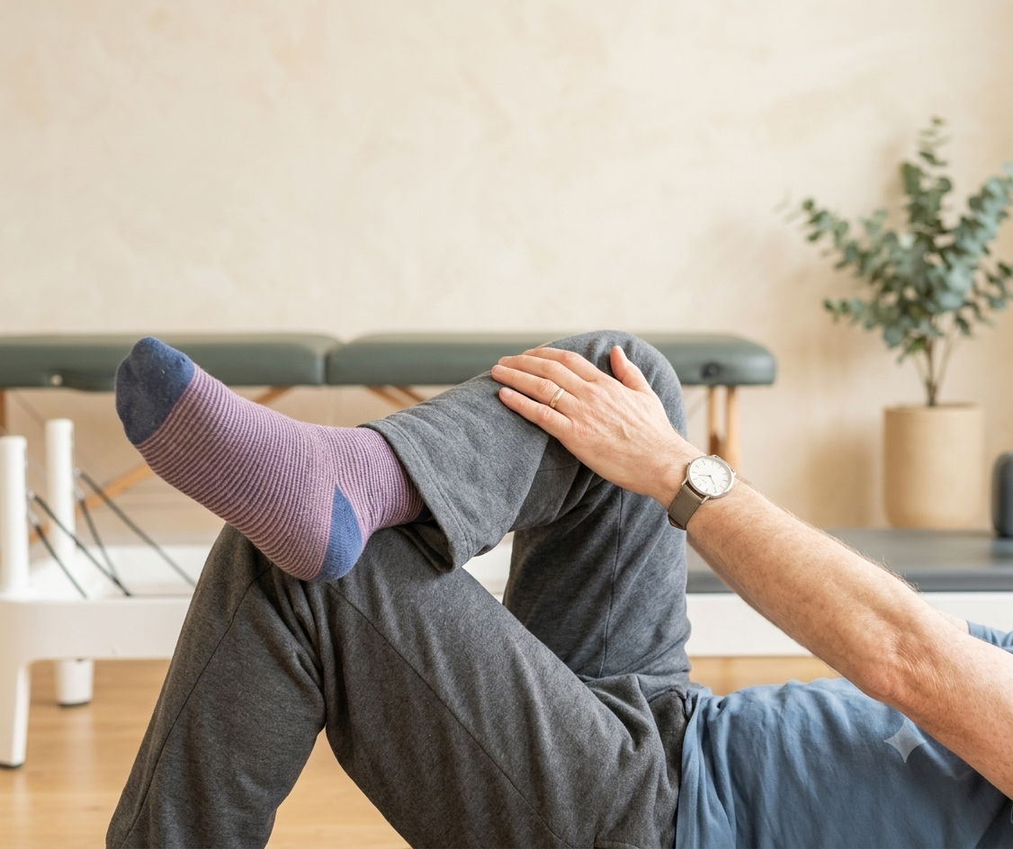 Male Restorative pilates client doing a gentle glute stretch 