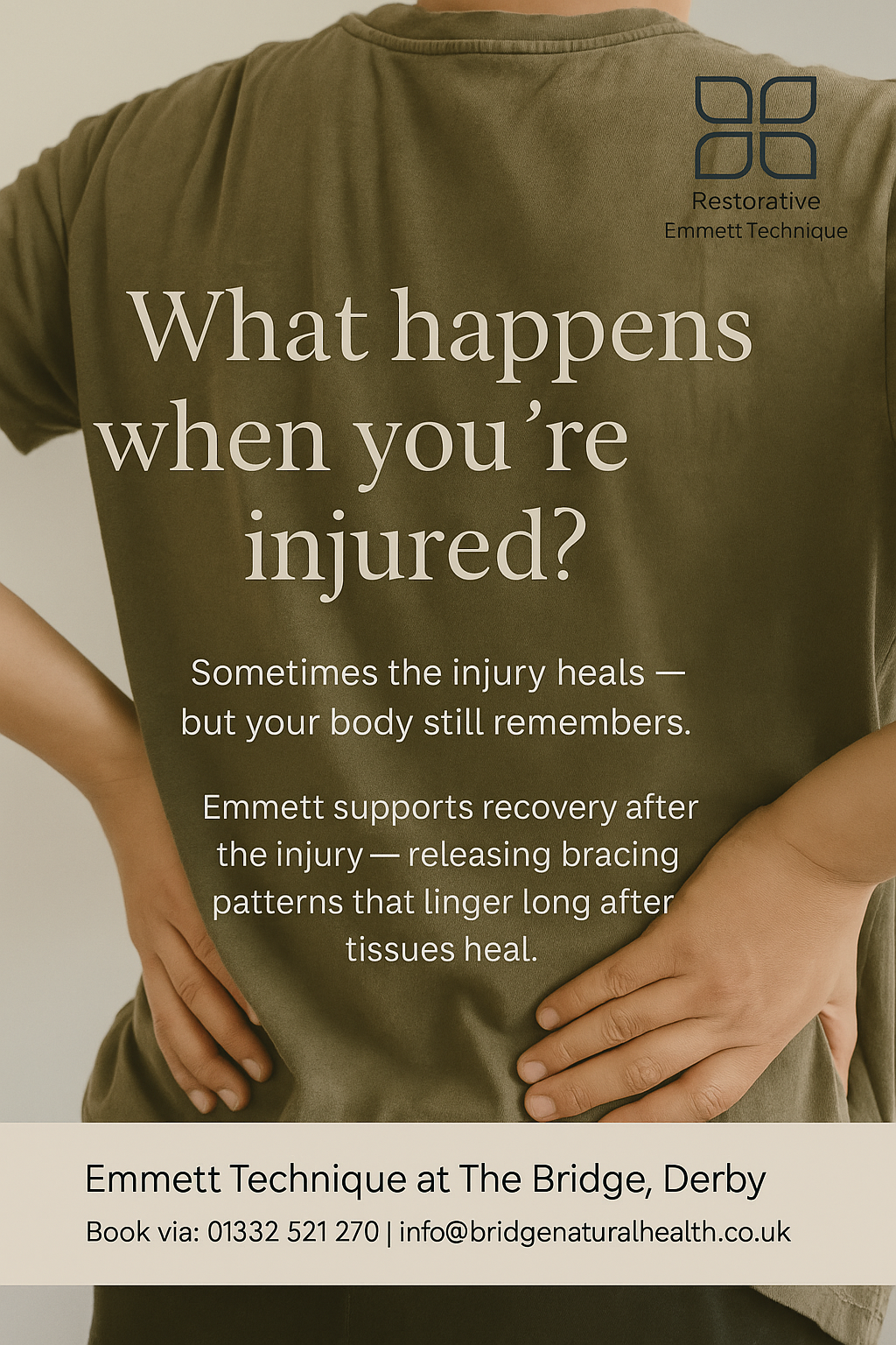 Back of a person wearing a green t-shirt with information about the Restorative Emmett Technique, including details about injury healing and recovery, contact information, and the logo of the technique.