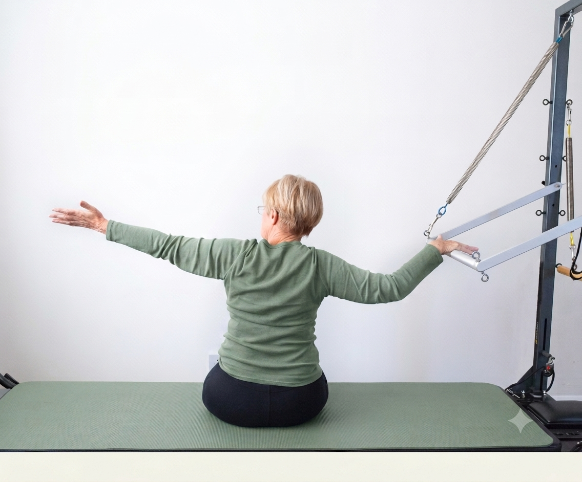 Female restorative pilates client older doing a side bend on a cadillac tower 