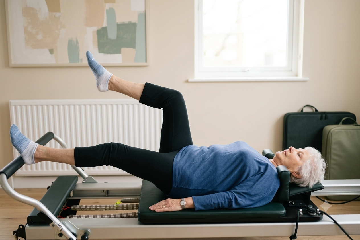 older Female restorative pilates client on a reformer single leg work  