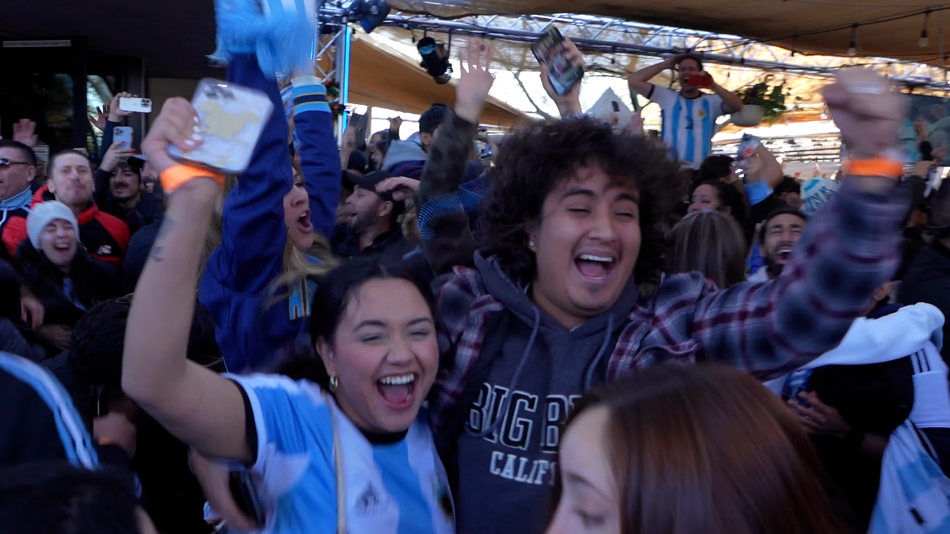 Celebrating sports fans in a stadium wearing blue and white jerseys, cheering, smiling, and taking photos.