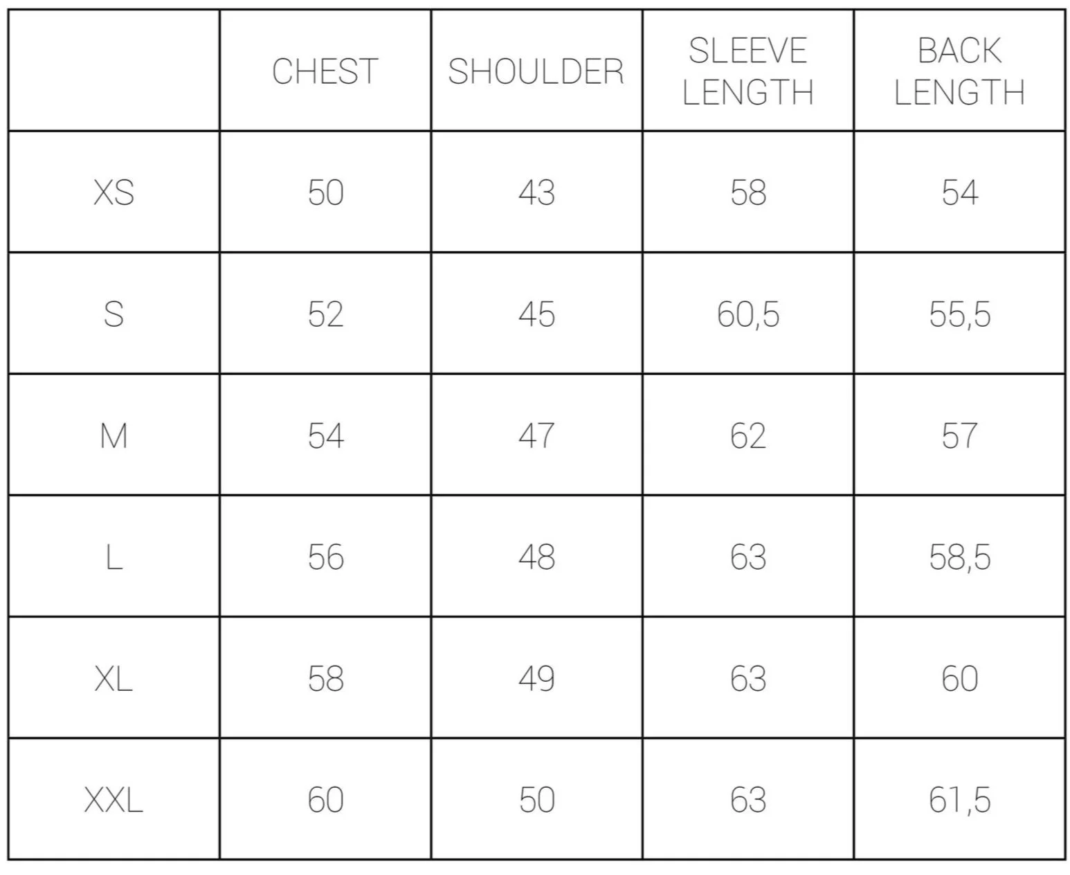 Size chart showing measurements for chest, shoulder, sleeve length, and back length in sizes XS to XXL.