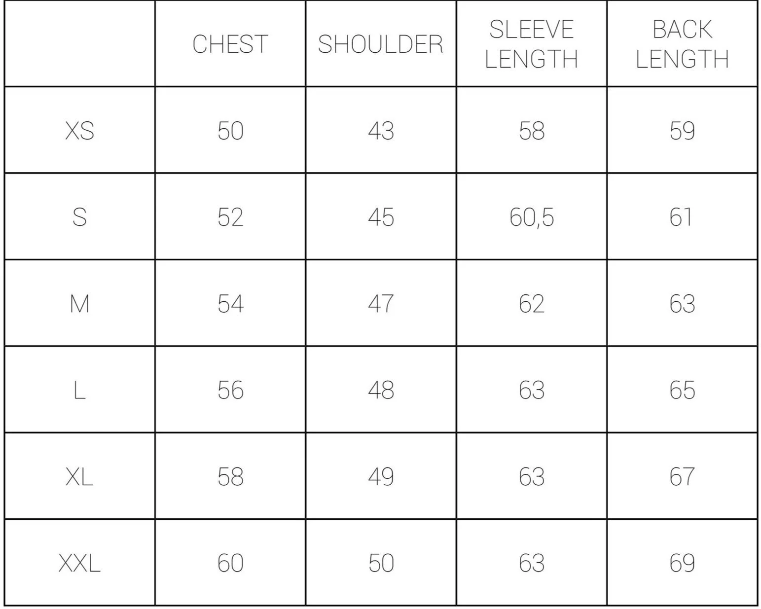 Clothing size chart with measurements for chest, shoulder, sleeve length, and back length in centimeters for sizes XS to XXL.