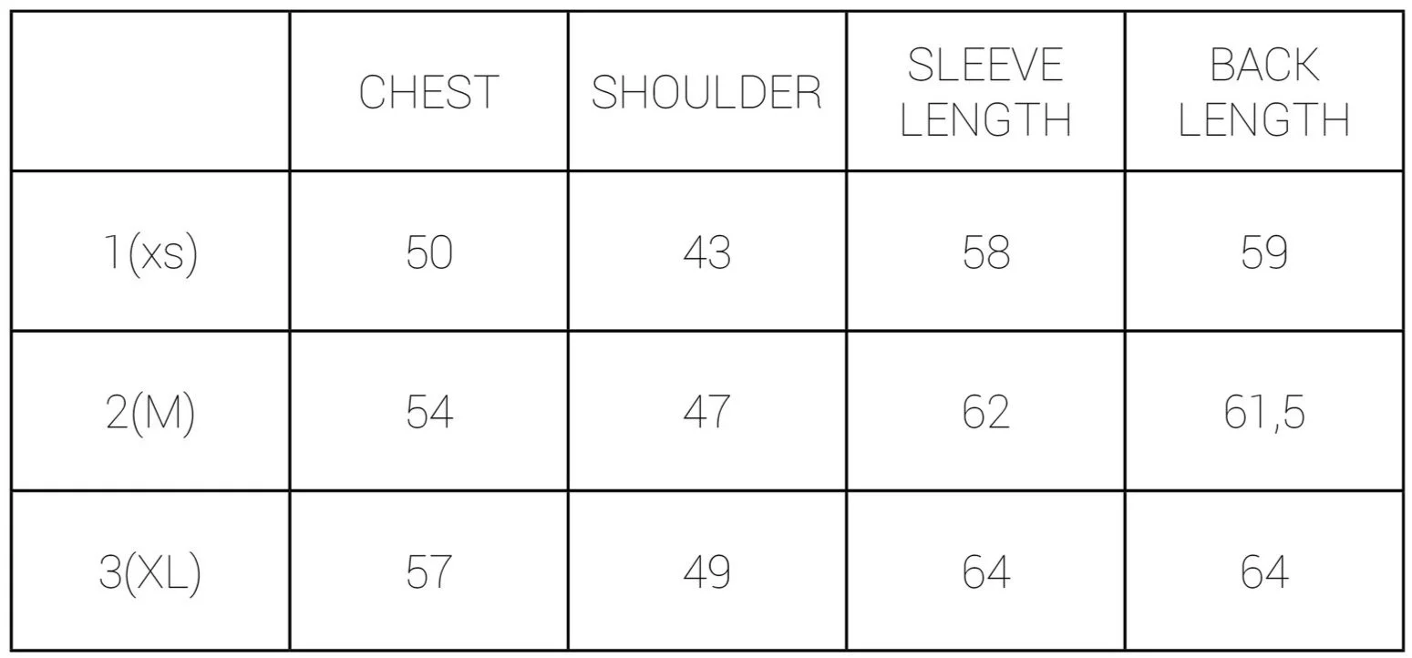 Clothing size chart with measurements for chest, shoulder, sleeve length, and back length across size xs, M, and XL.