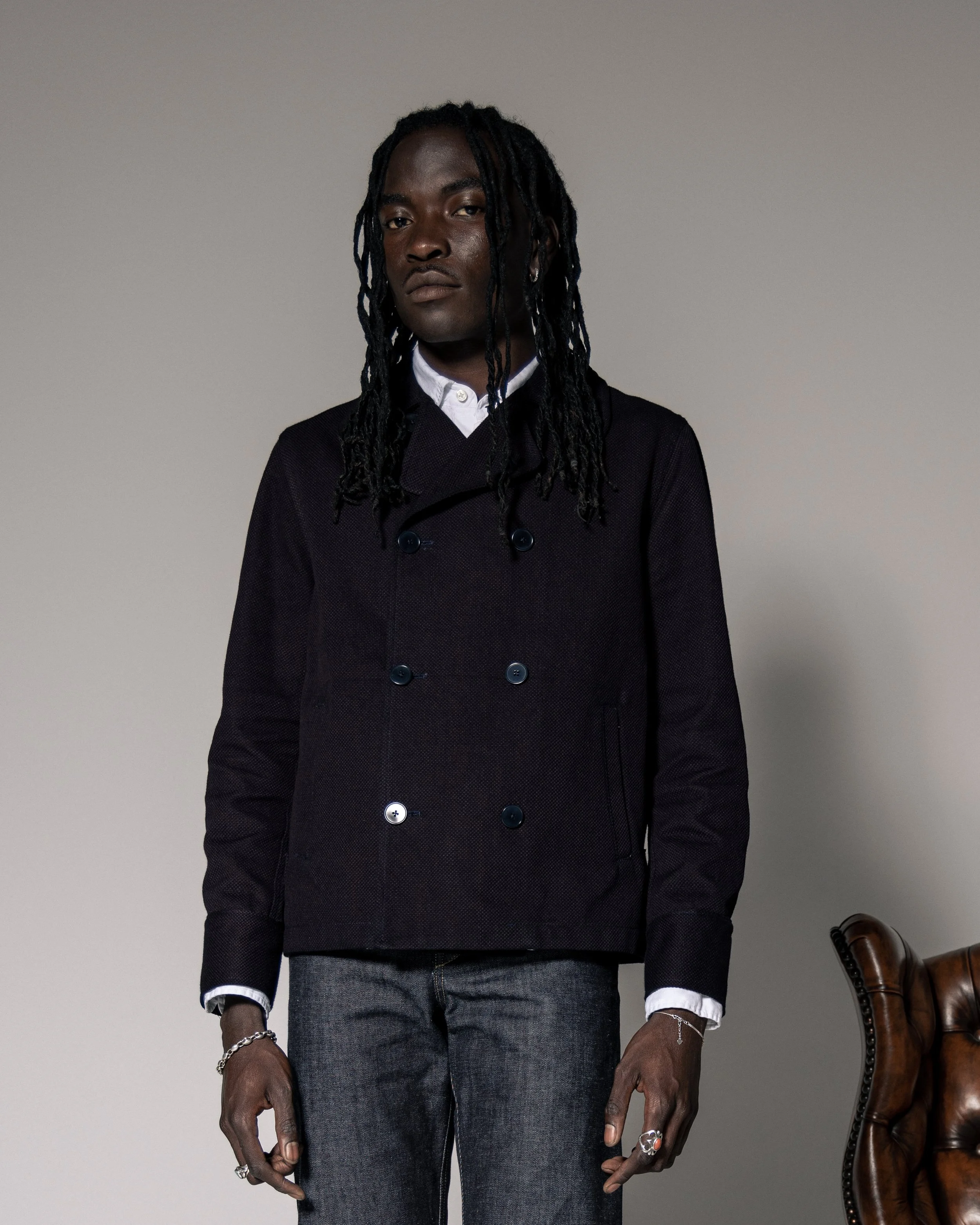 Double breasted chore peacoat made from Japanese sashi ori fabric natural dyed in indigo colour