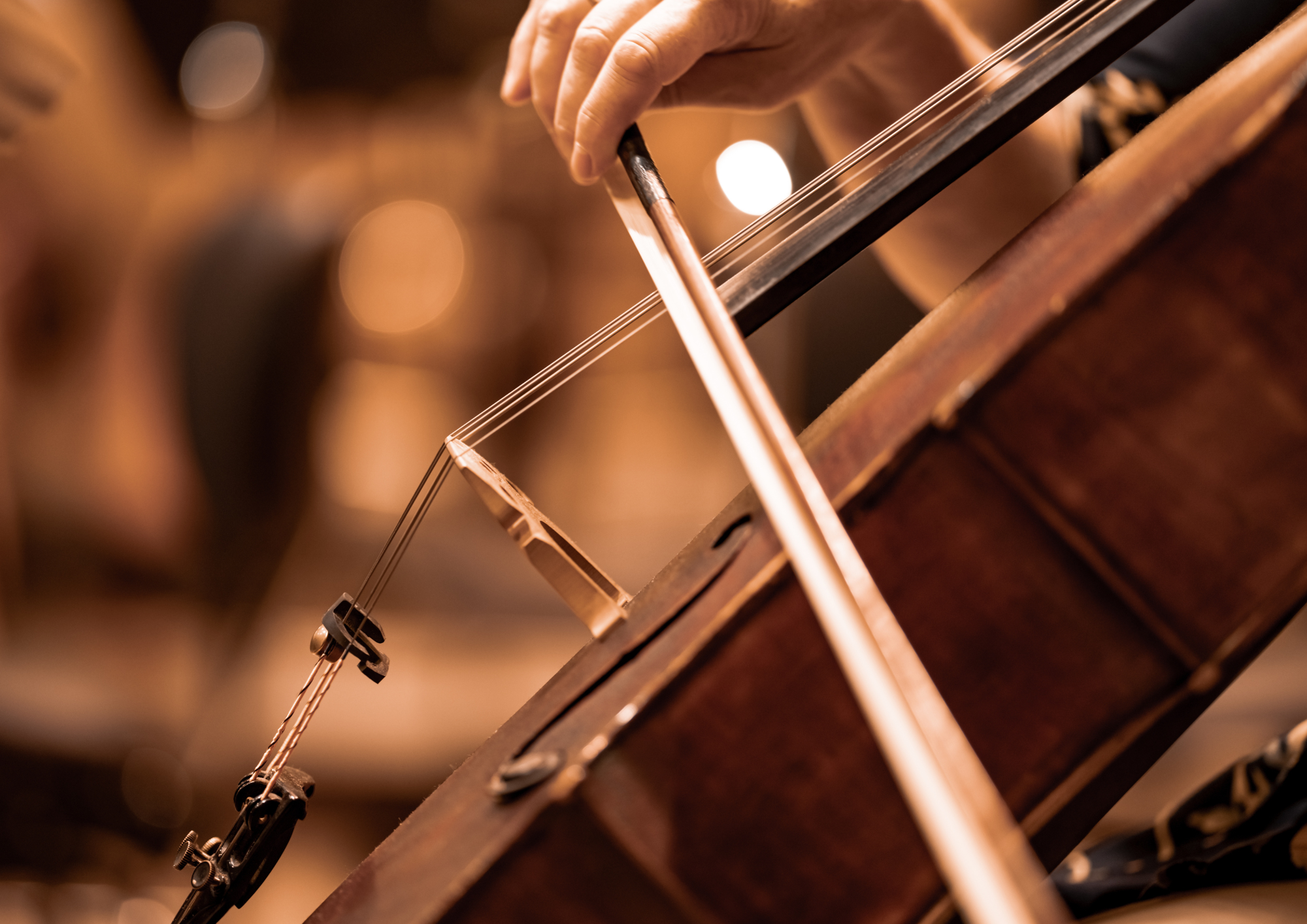 Un violino antico con corde e leva, vista di profilo, con sfondo sfocato di luci calde.