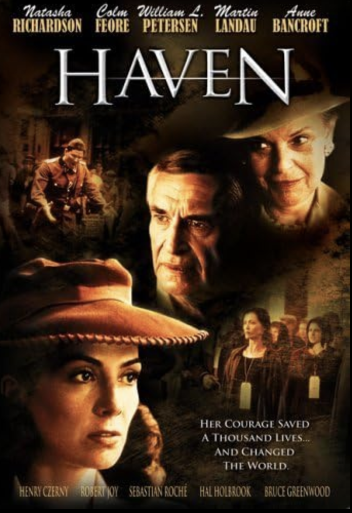 Movie poster for 'Haven' featuring several characters, including a woman wearing a large hat in the foreground, and two faces of older women and a man in the background. The poster has a dark, dramatic tone with text about courage and changing the wo