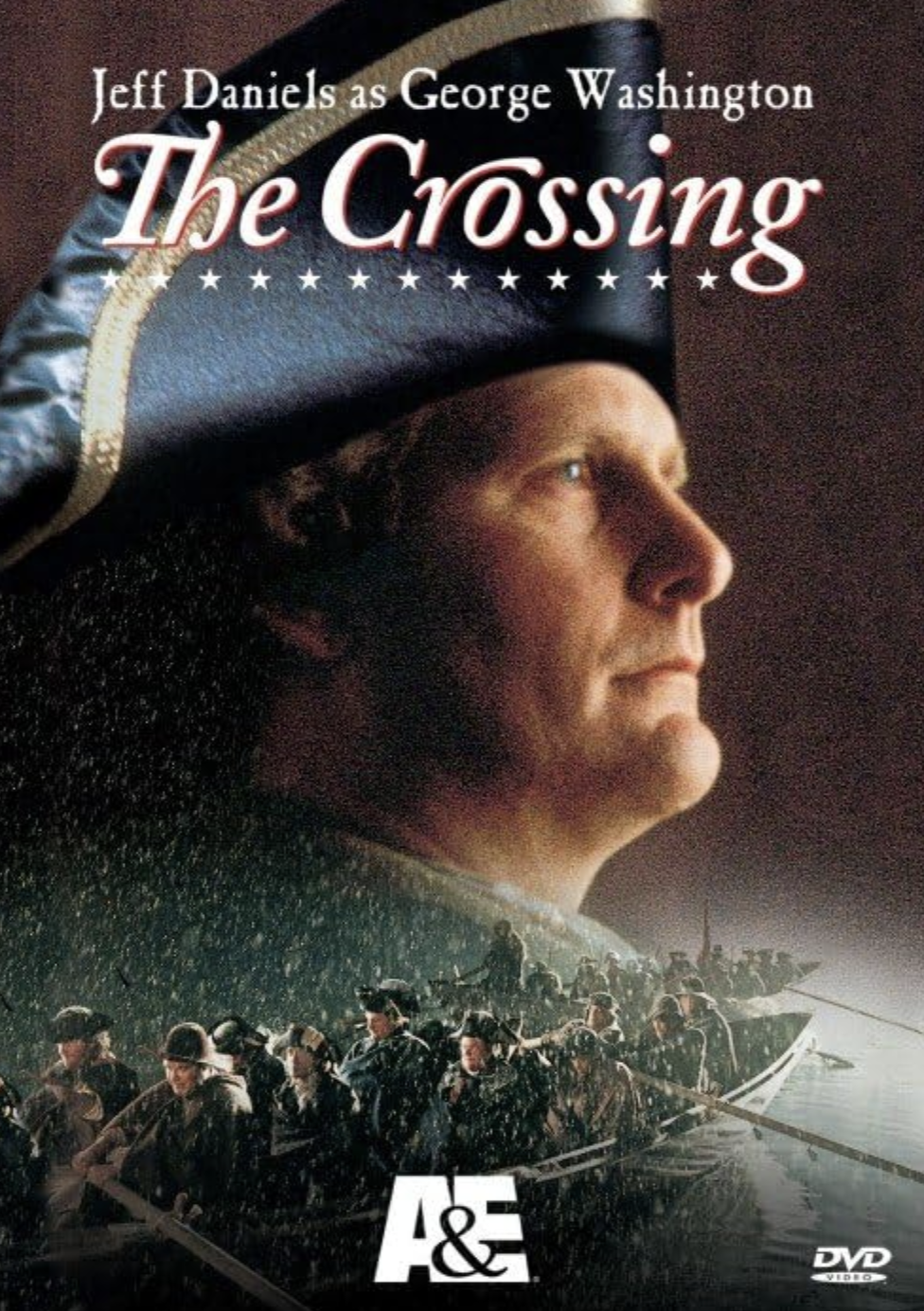 DVD cover for the TV miniseries 'The Crossing' featuring a large profile of a man in colonial military attire, with a scene of soldiers in a boat at sea beneath.