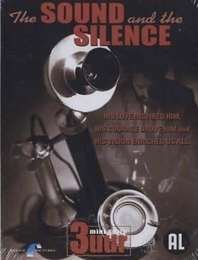 A vintage poster for the film "The Sound and the Silence" showing a microphone, a person in the background, and text describing the film's themes of love, courage, and vision.