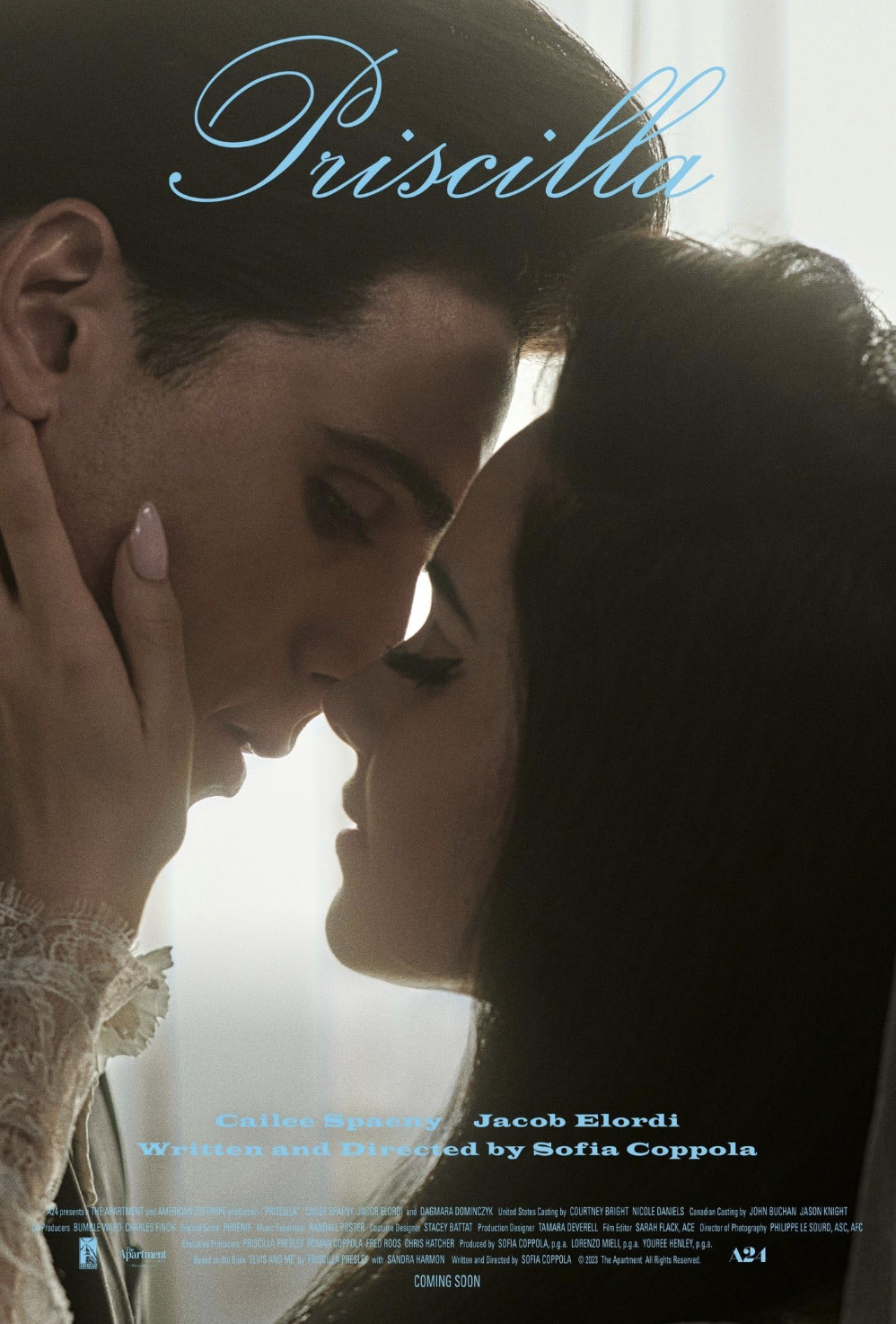 Close-up of two women about to kiss, with one holding the other's face. The scene is intimate, with soft lighting, and the title 'Priscilla' written in cursive at the top. Additional text provides names of cast and crew.